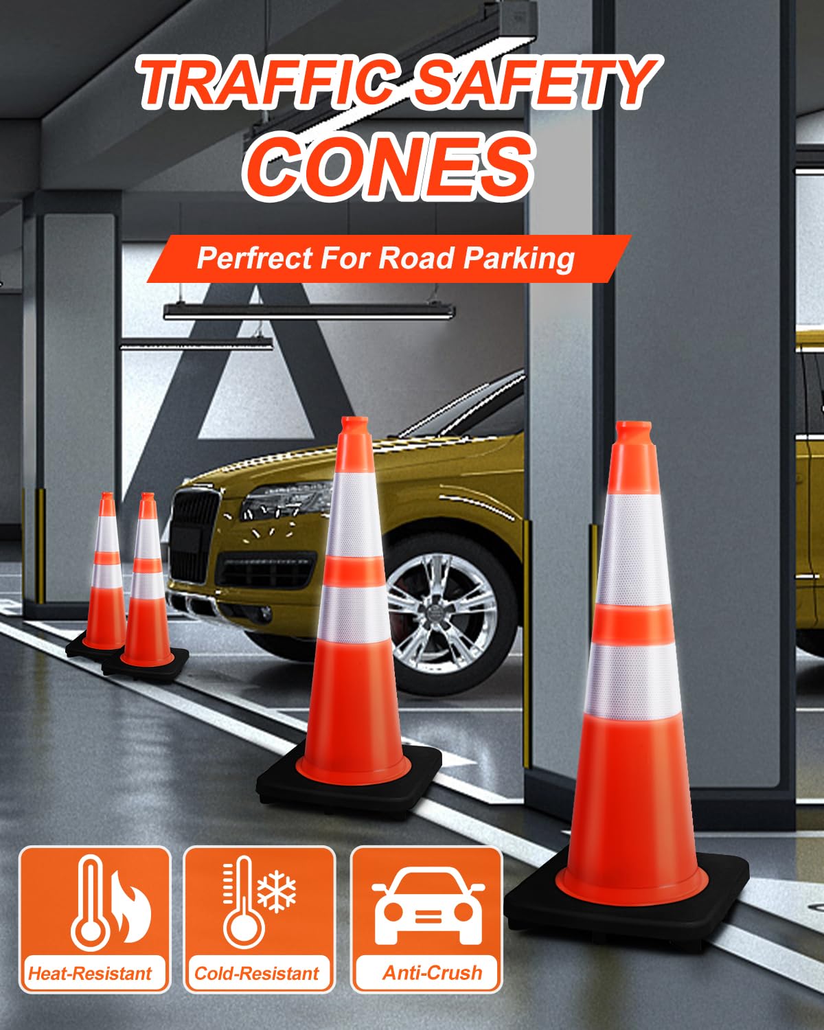 [5 / 8 Packs] PVC Traffic Cones, Black Base Construction Safety Cones