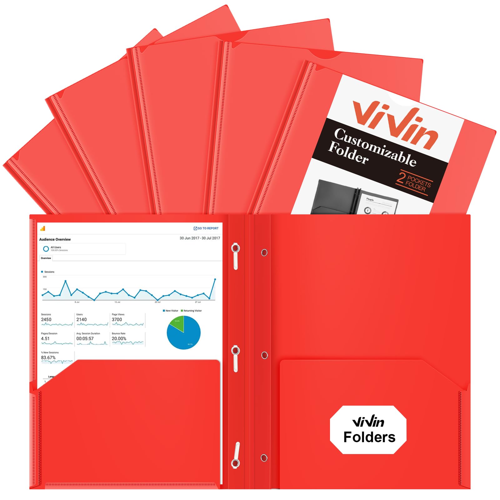 [6 & 60 Pack] ViVin Heavy Duty Folders with Clear Front Pocket, Plastic Folder with fastener