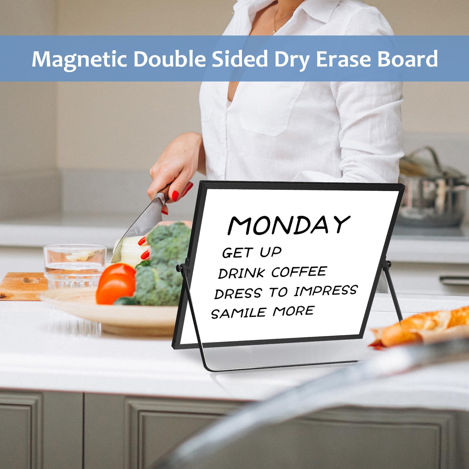 [1 Set] Dry Erase White Board with Stand, 10 Markers, 4 Magnets, 1 Eraser