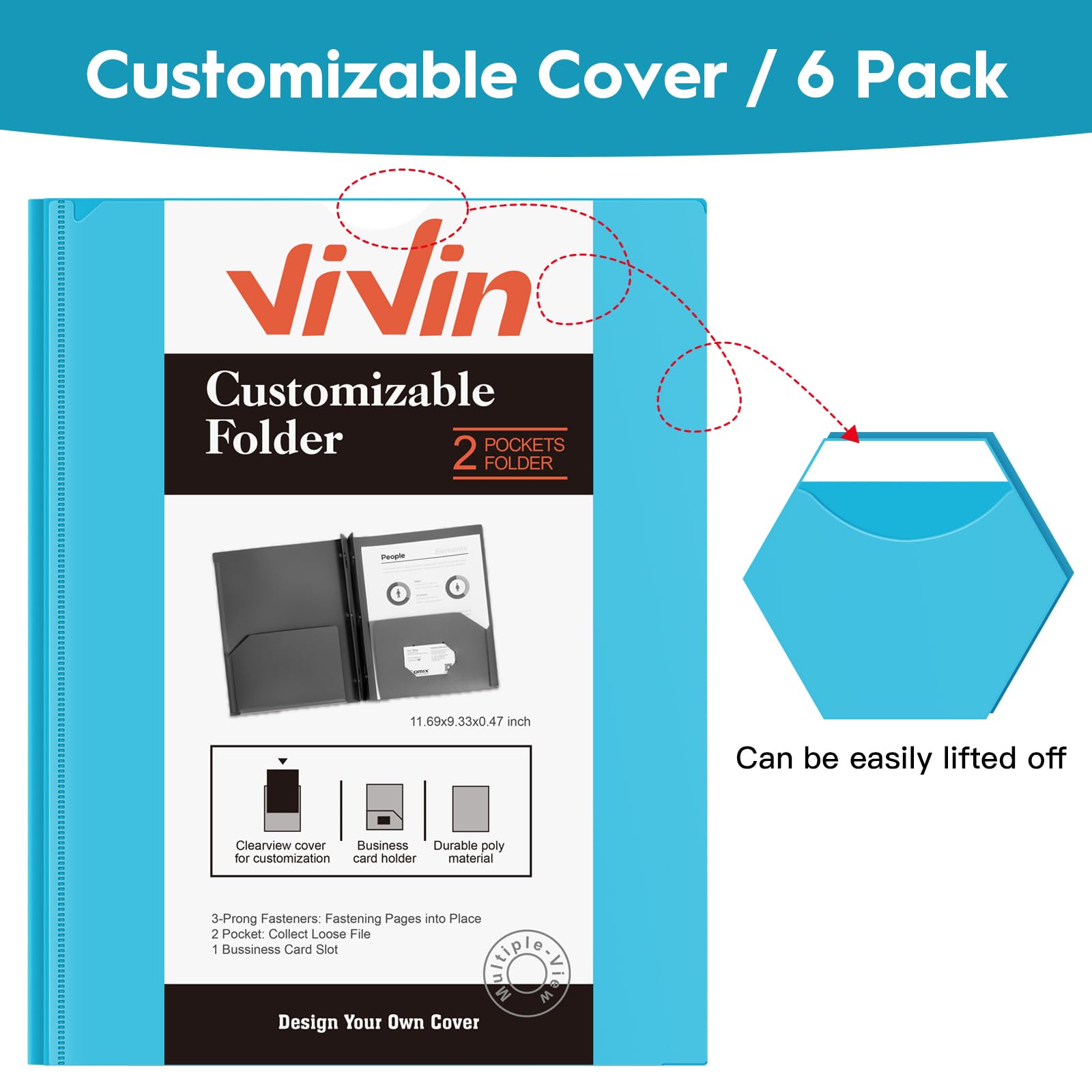 [6 & 60 Pack] ViVin Heavy Duty Folders with Clear Front Pocket, Plastic Folder with fastener