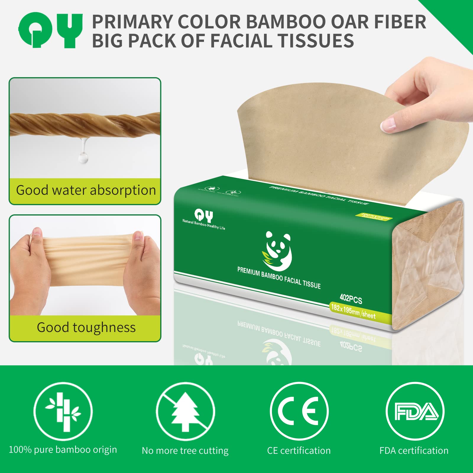 Soft Durable Bamboo Facial Tissues - 3 Ply Natural Unbleached Facial Paper 12 Packs