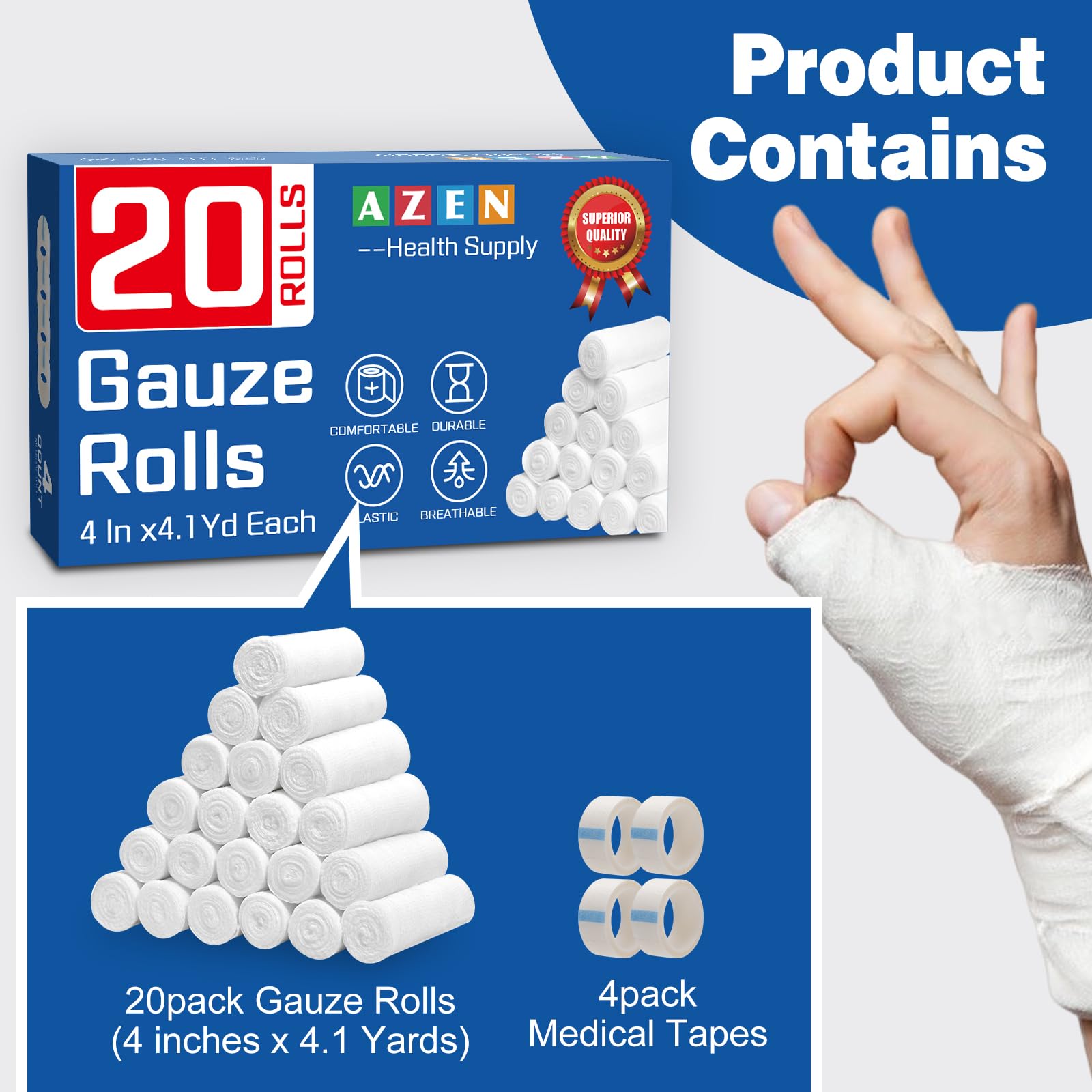 12 /20/30/90 Pack Gauze Rolls Bandages, 4 in x 4.1 Yards, Premium Medical Supplies & First Aid Supplies, Bandage Wrap Vet Wrap, Mummy Wraps