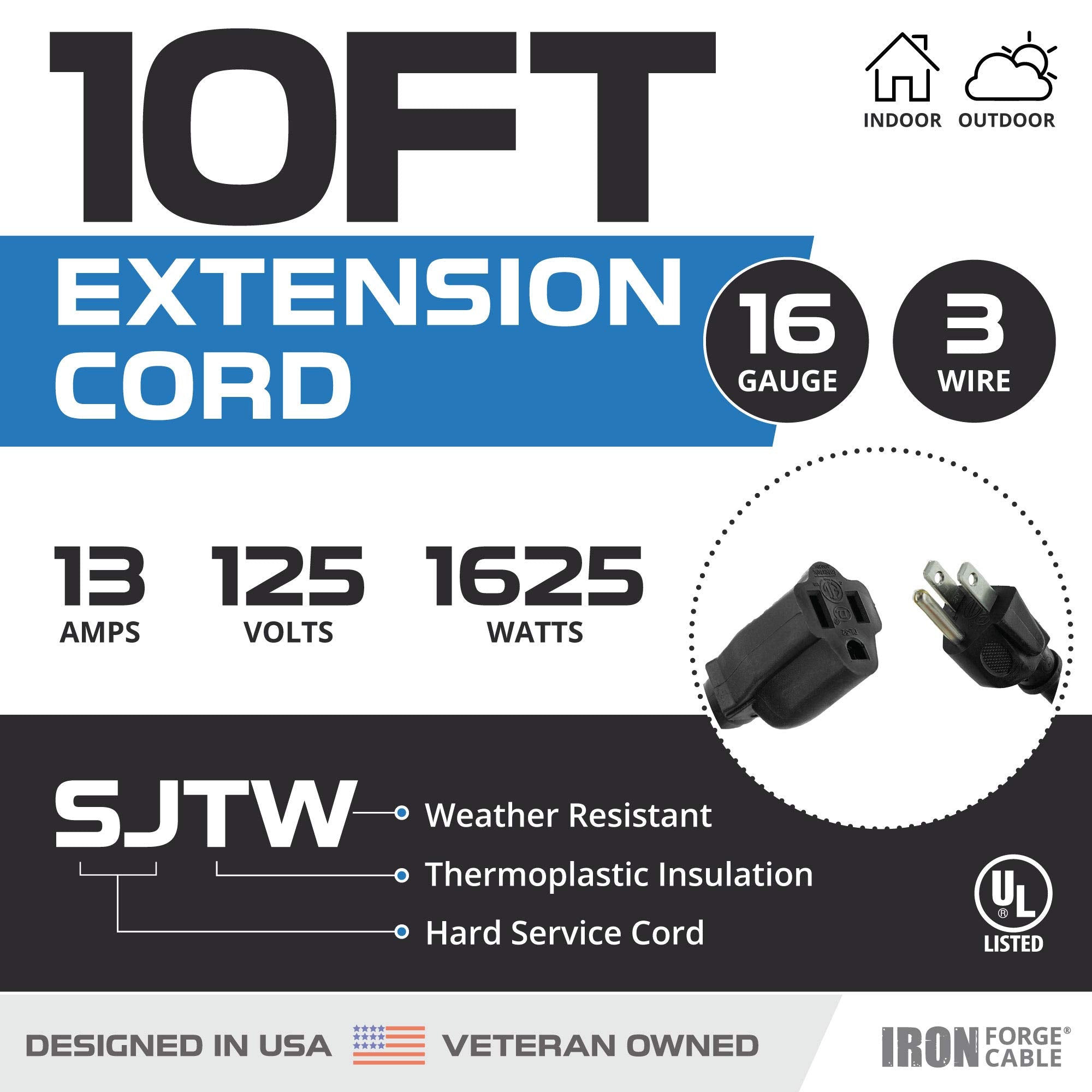 Weatherproof Outdoor Extension Cord, 16/3 SJTW Heavy Duty Black Extension Cord 3 Prong, 13 Amp Exterior Power Cable