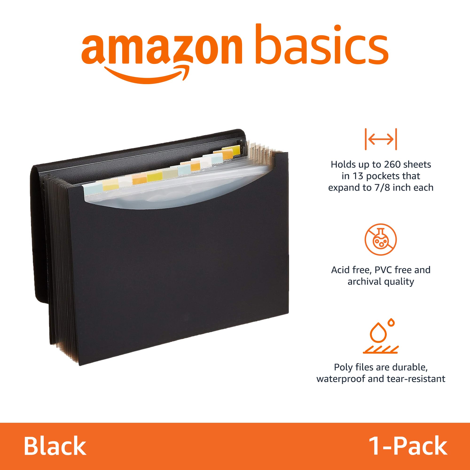 Amazon Basics Expanding Organizer File Folder, Letter Size - Black, 1 or 2 Pack