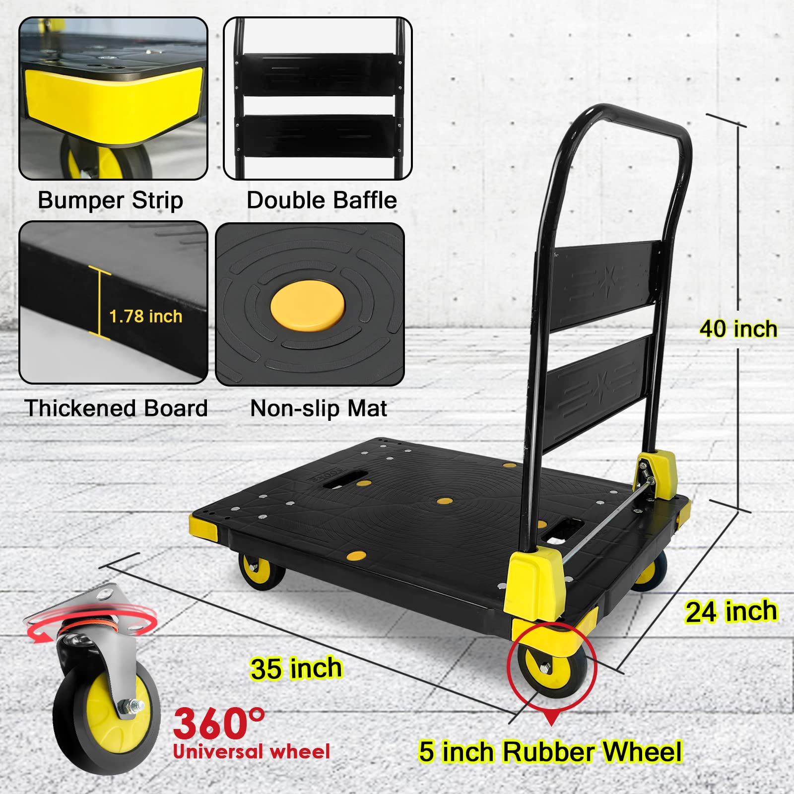 Foldable Platform Truck Heavy Duty Push Cart Dolly with 2000 LBS Capacity, 6''