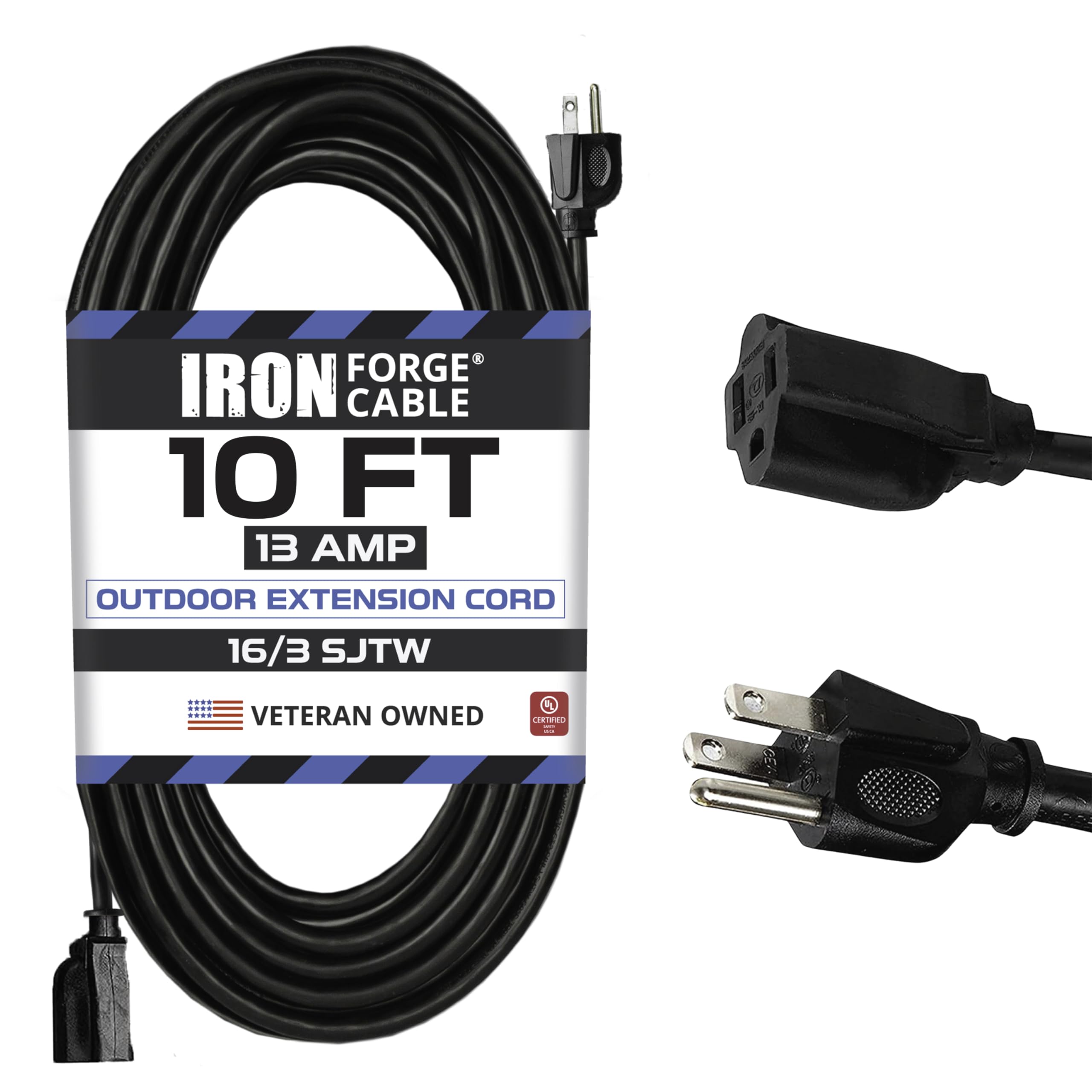 Weatherproof Outdoor Extension Cord, 16/3 SJTW Heavy Duty Black Extension Cord 3 Prong, 13 Amp Exterior Power Cable