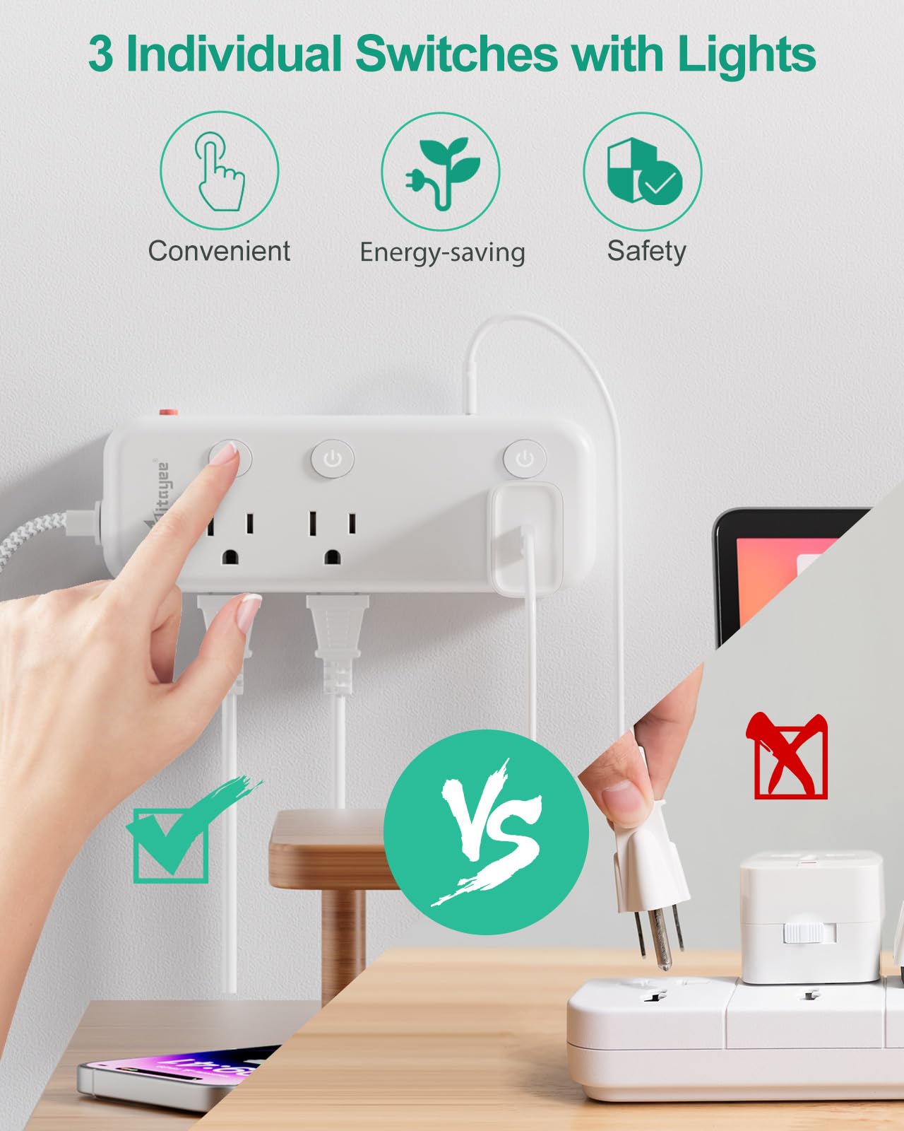 5, 15FT Surge Protector Power Strip with Individual Switches