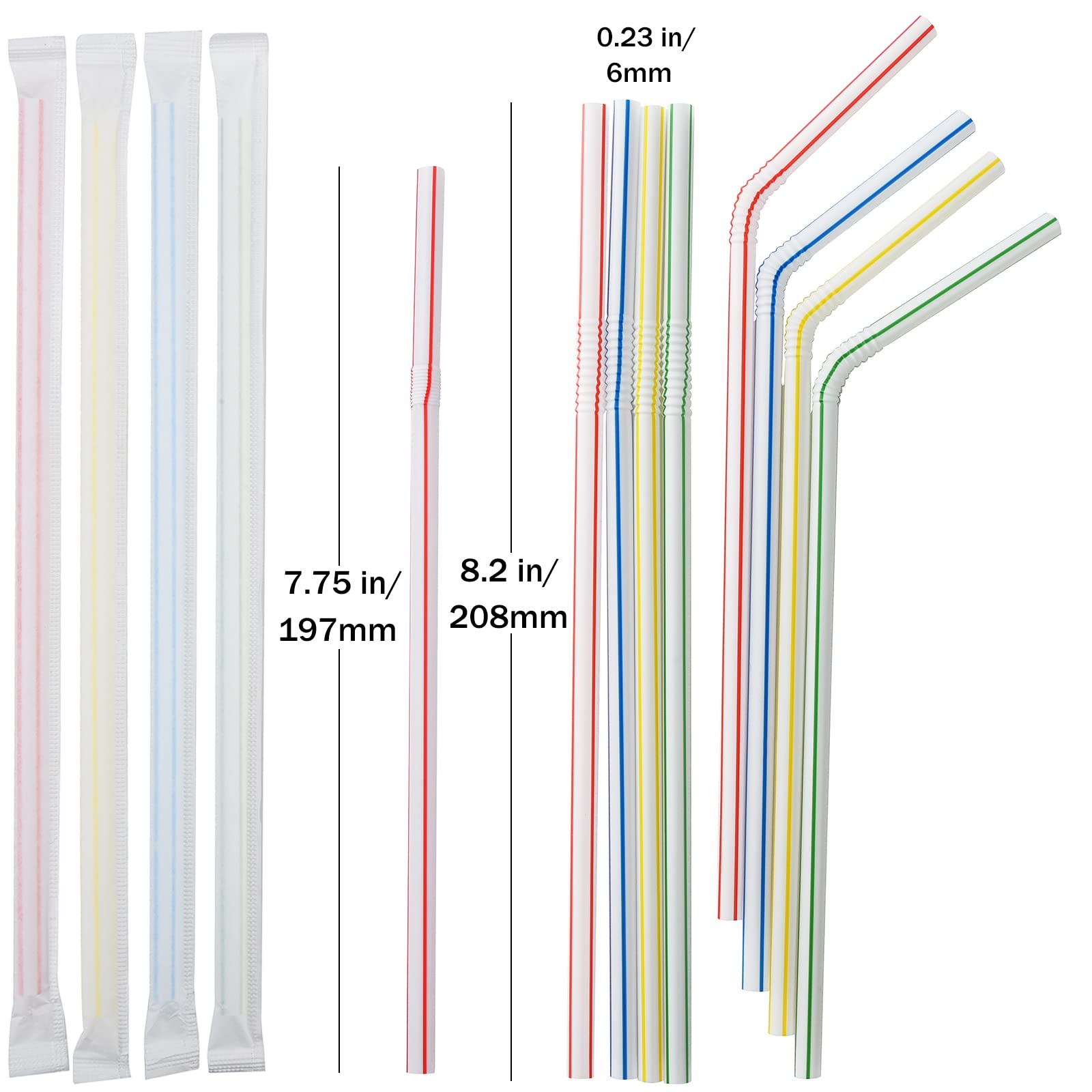 [500 CT] Striped Flexible Individually Wrapped Plastic Disposable Bendy Straws, 7.75" x 0.23"