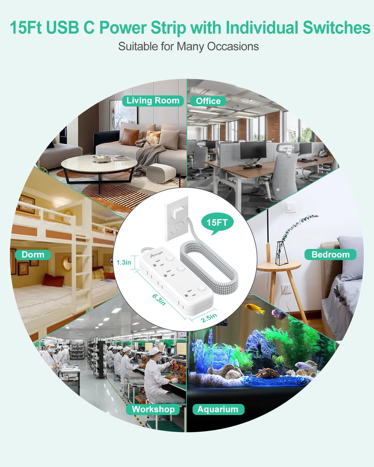 5, 15FT Surge Protector Power Strip with Individual Switches