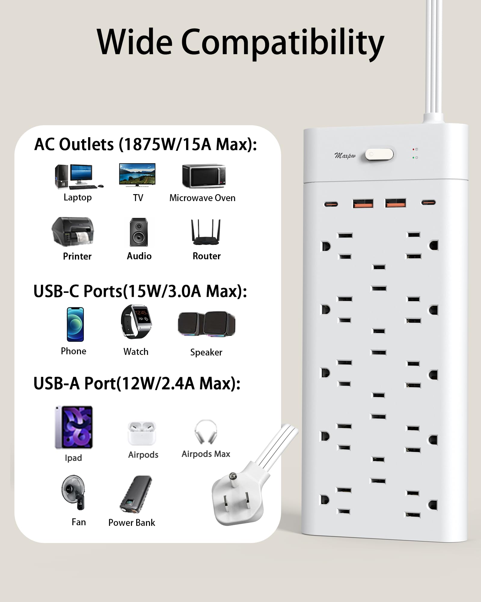 Power Strip Surge Protector Outlet Extender with 14 Outlets and 4 USB Ports (2 USB C), 6 Ft / 10 Ft / 15 Ft