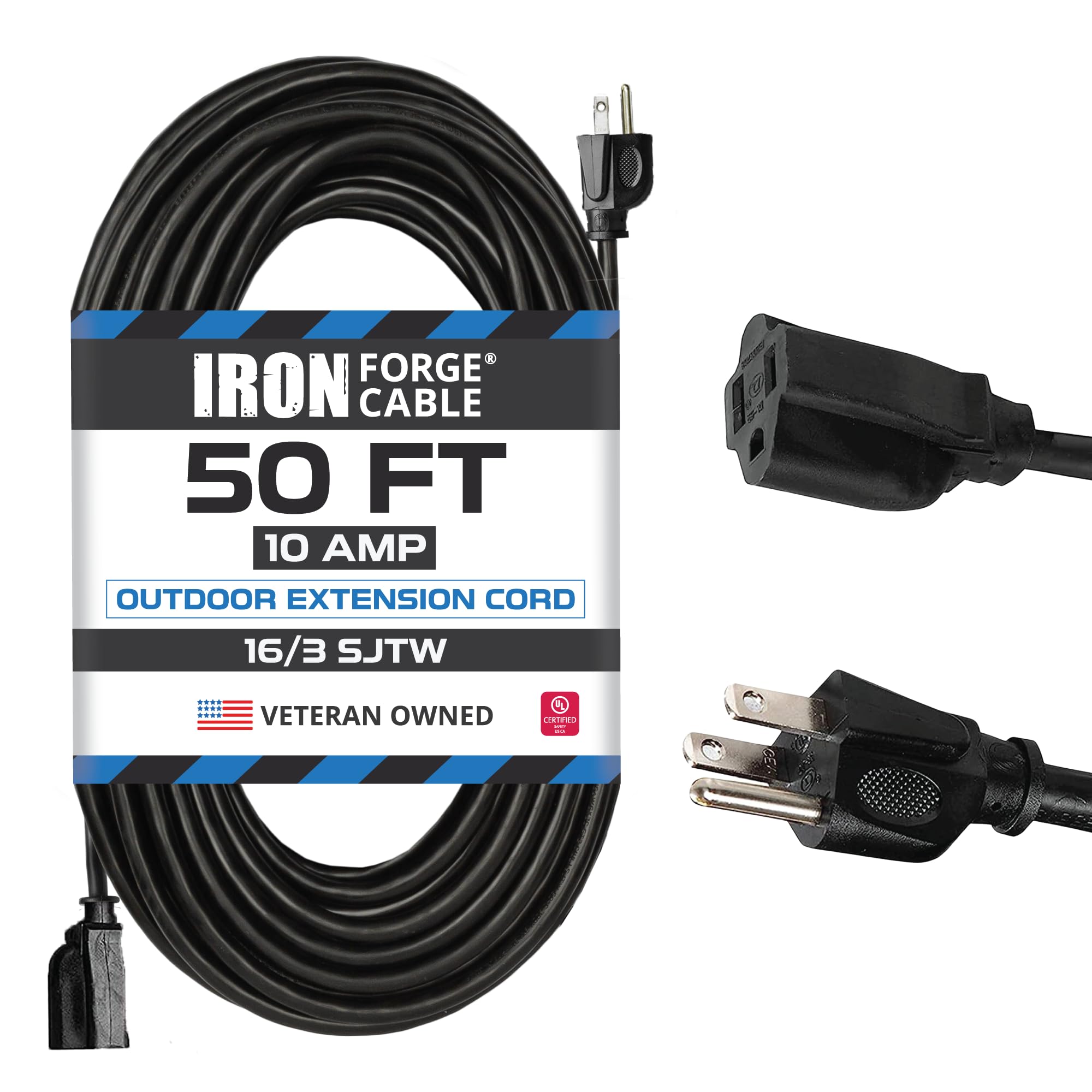 Weatherproof Outdoor Extension Cord, 16/3 SJTW Heavy Duty Black Extension Cord 3 Prong, 13 Amp Exterior Power Cable
