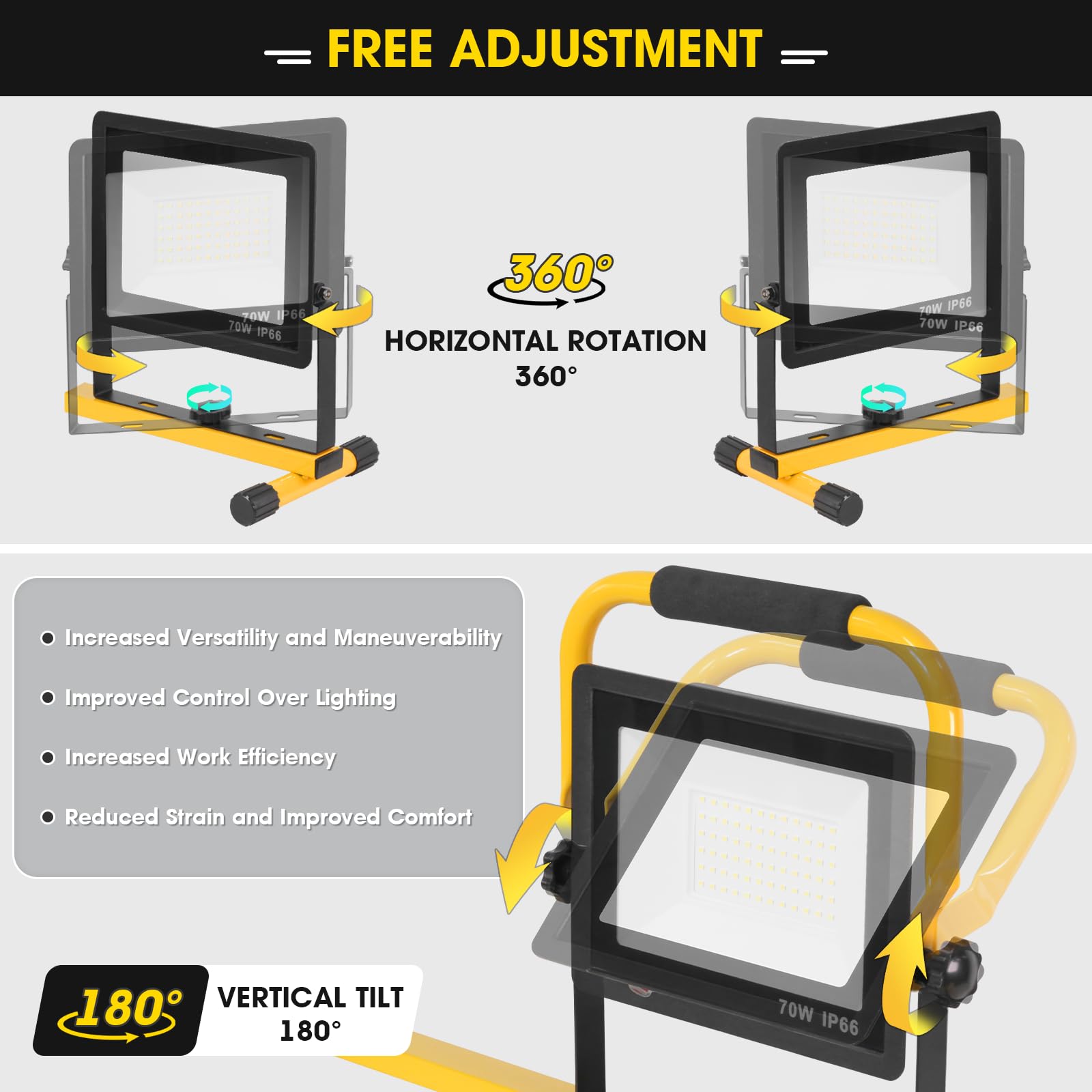 Work Lights - IP66 Waterproof Outdoor Flood Lights - Adjustable Working Lights for Job Site