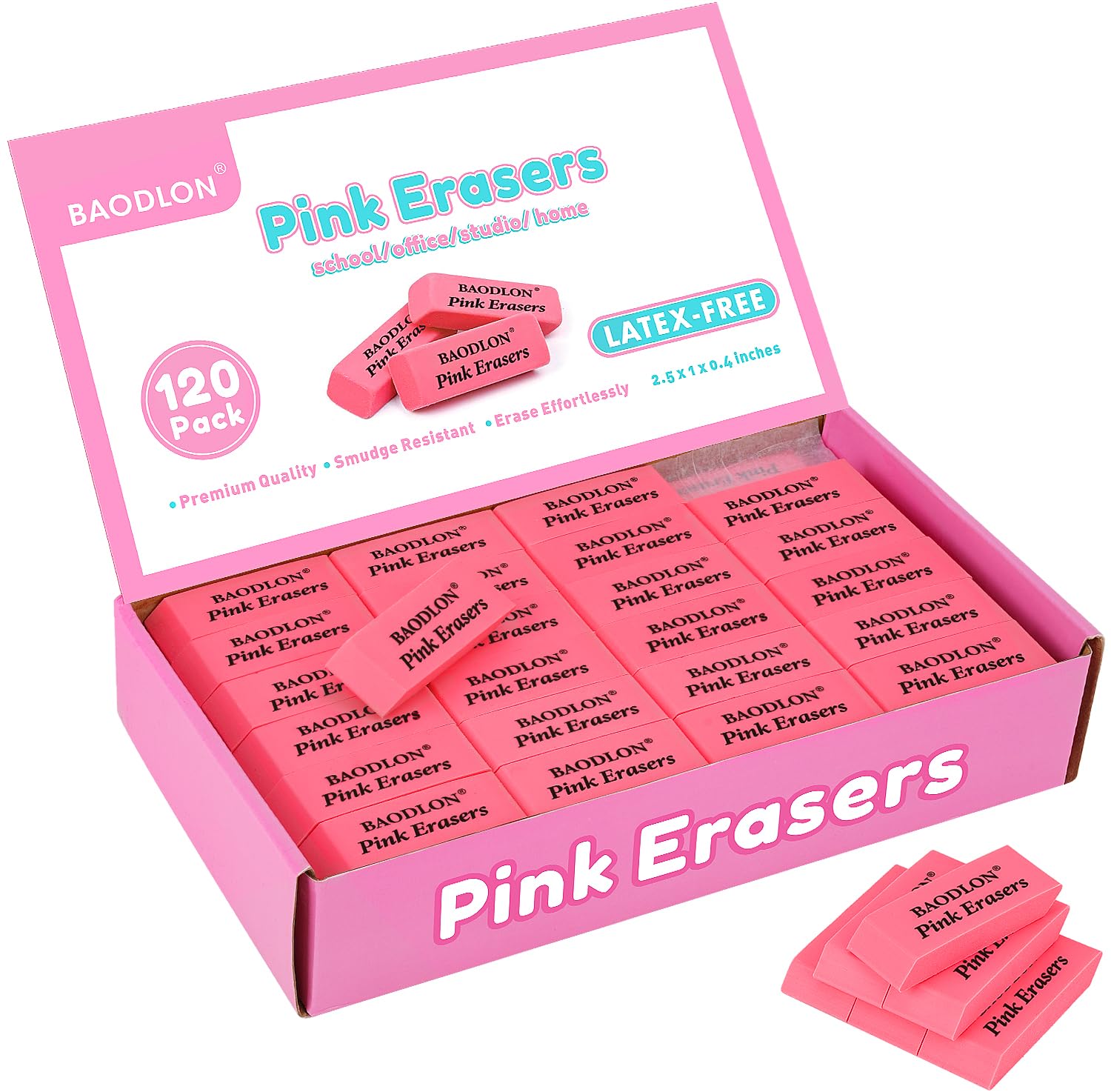 120 Pack - Pink Rubber Pencil Erasers Bulk