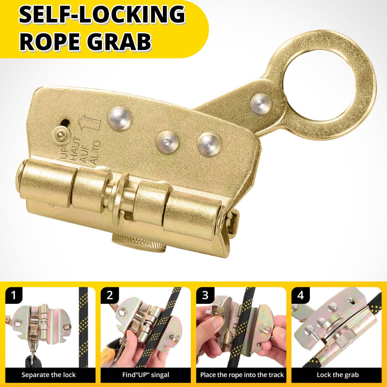 [25 / 50 / 100/ 150 FT] Rope Harness Safety Lanyard, Vertical Roofing Rope With Grab Snap Hooks, Shock Absorber