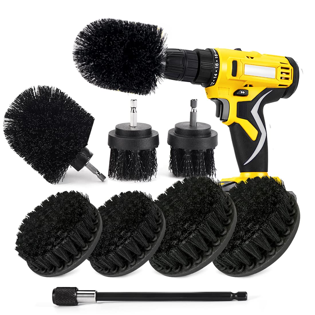 4-Piece Cleaning Brush Set - 2-In, 3.5-In, 4-In, 5-Ih Round Flat Brushes and 6-In Extended Reach Attachment for Drill