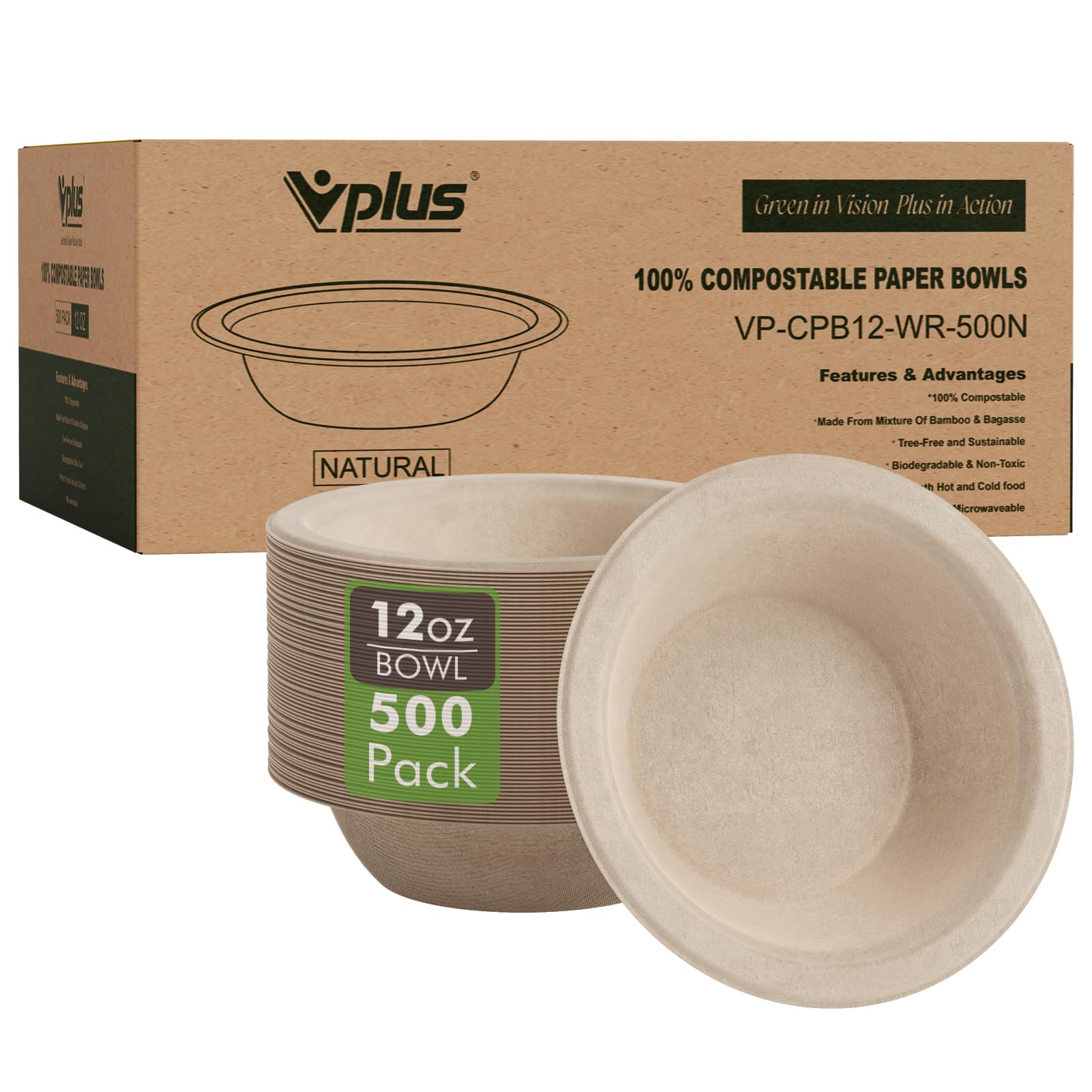 [500 PCS] 12 oz. Paper Bowls, Disposable Compostable Bowls, Natural & White