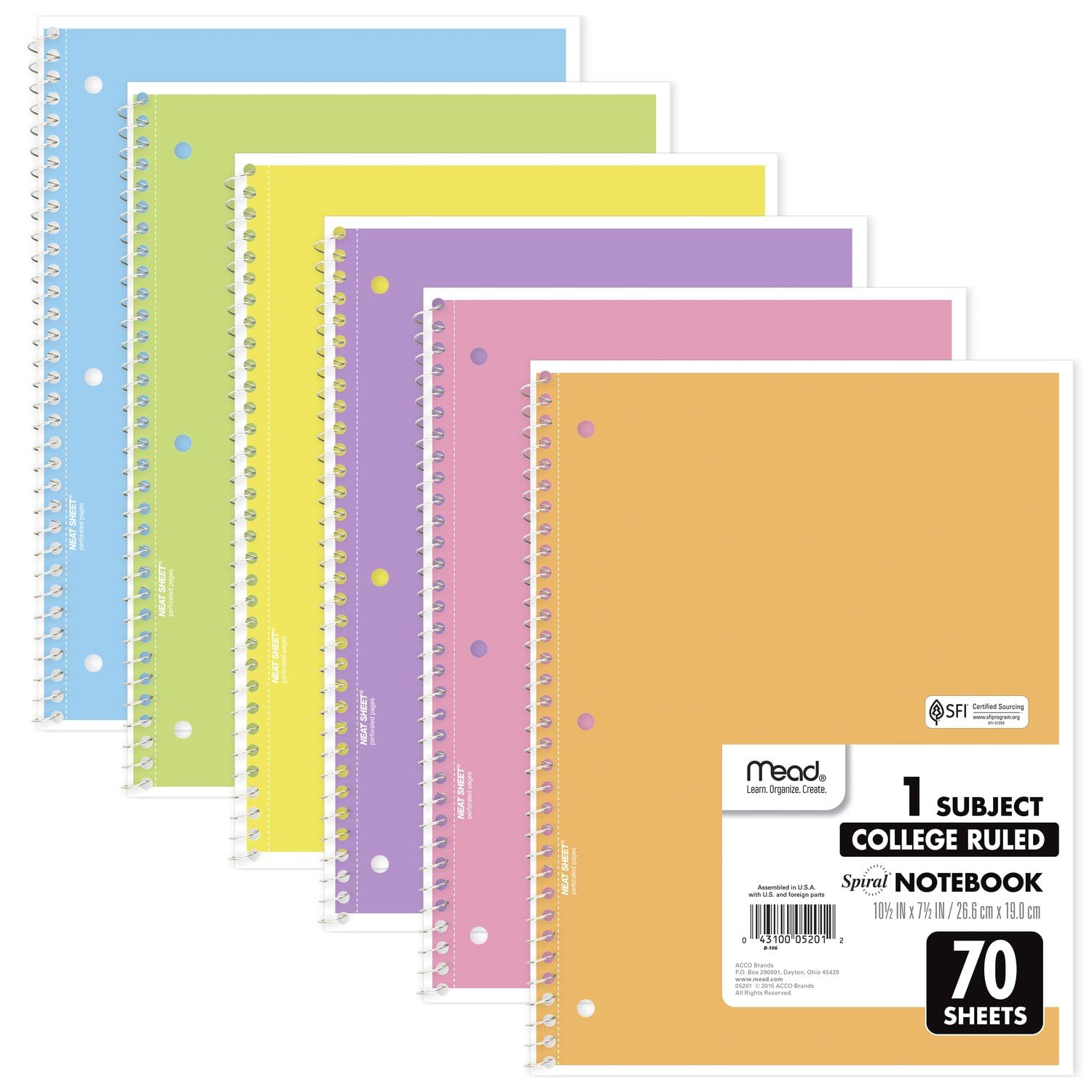 Notebooks, 6 Pack, 1-Subject, College Ruled Paper, 8" x 10-1/2", 70 Sheets, Assorted Pastel Colors (830049-ECM)