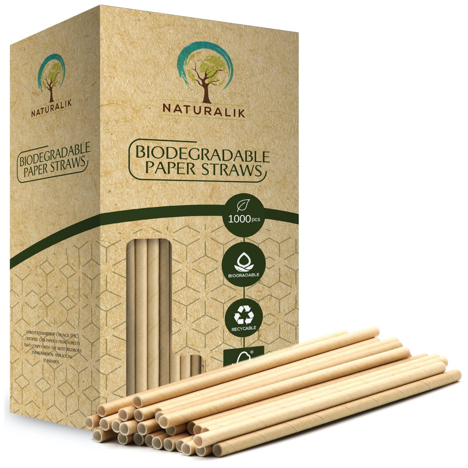 [1000 CT] Biodegradable Extra Durable Dye-Free, Eco-Friendly Brown Paper Straws