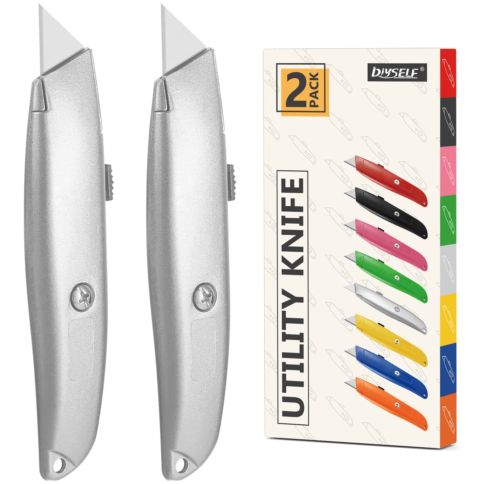 [2 Pack] DIYSELF Utility Knife Box Cutter Retractable Blade Heavy Duty