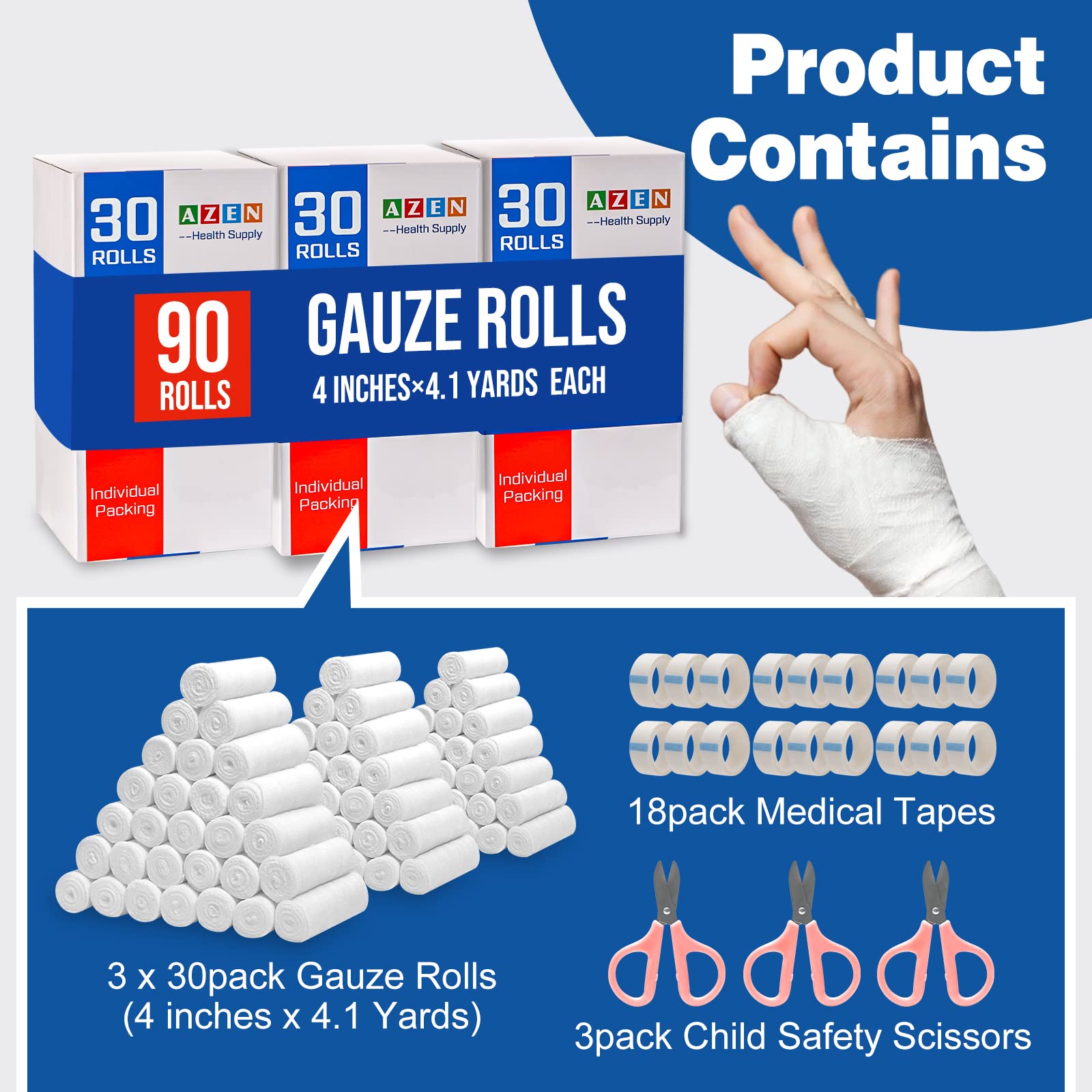 12 /20/30/90 Pack Gauze Rolls Bandages, 4 in x 4.1 Yards, Premium Medical Supplies & First Aid Supplies, Bandage Wrap Vet Wrap, Mummy Wraps