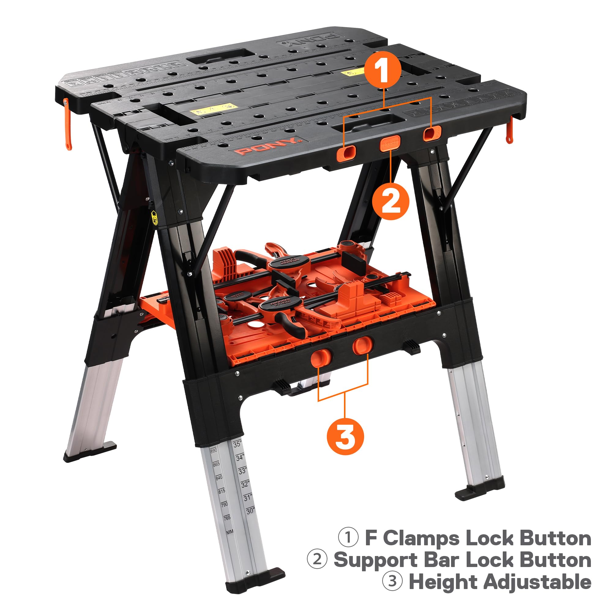 Portable Folding Work Table, 31” W×25” D×25”-32”H, with 4pcs Clamps, 4pcs Bench Dogs, 2pcs Safety Straps