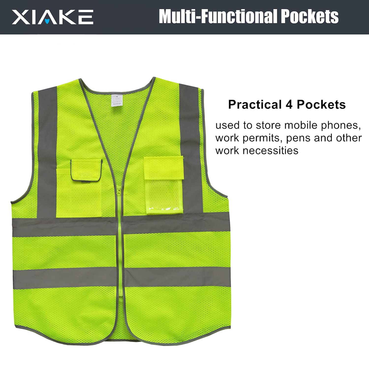 [1 PC] High Visibility Reflective Safety Vest with 4 Pockets, ANSI/ISEA Standards