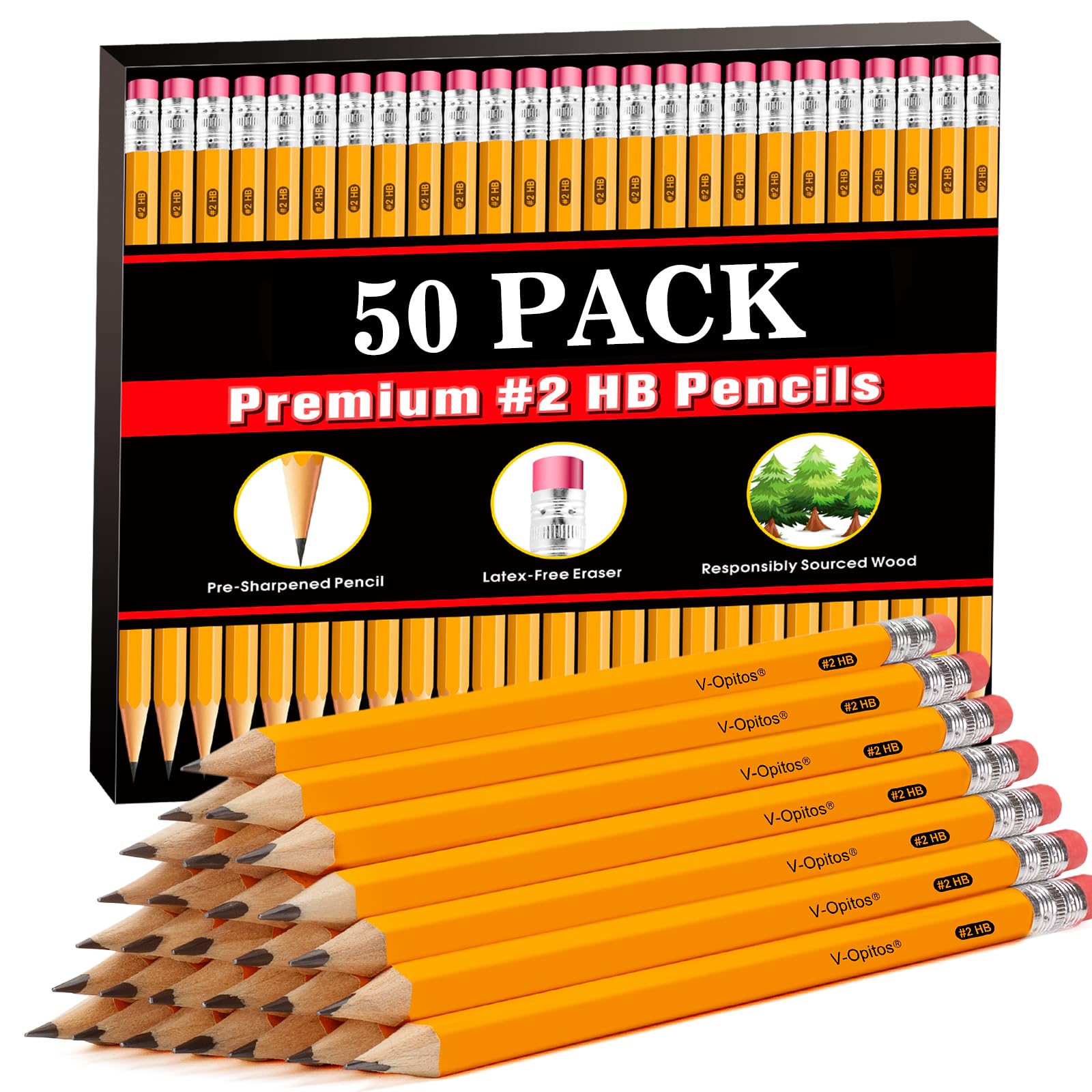 V-Opitos Wood-Cased #2 HB Pre-Sharpened Pencils with Top Erasers, 320 Pack / 50 Pack