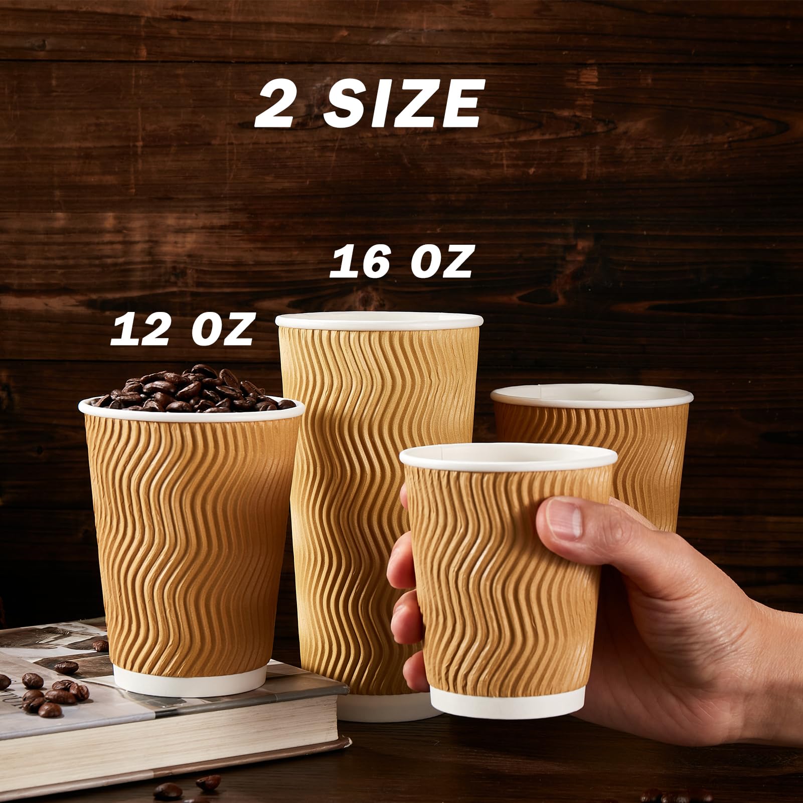[120 PCS] Disposable Corrugated Insulated Ripple Wall Paper Cups, 12 & 16 oz