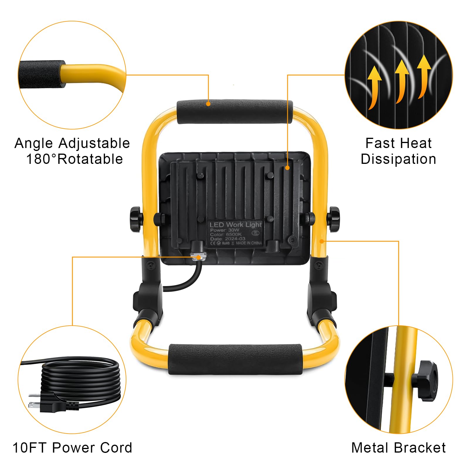 Work Lights - IP66 Waterproof Outdoor Flood Lights - Adjustable Working Lights for Job Site