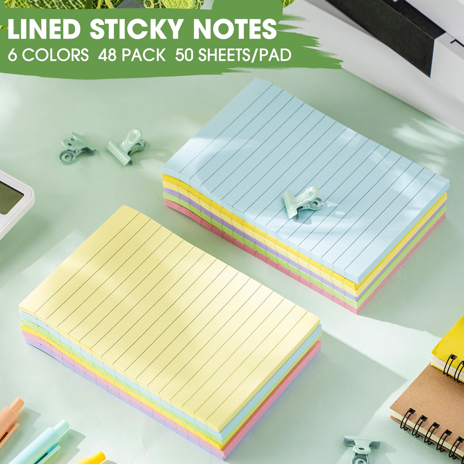 48 Pcs Lined Sticky Notes 4 x 6 Self Stick Note Pads 6 Bright Colors, 50 Sheets Pad