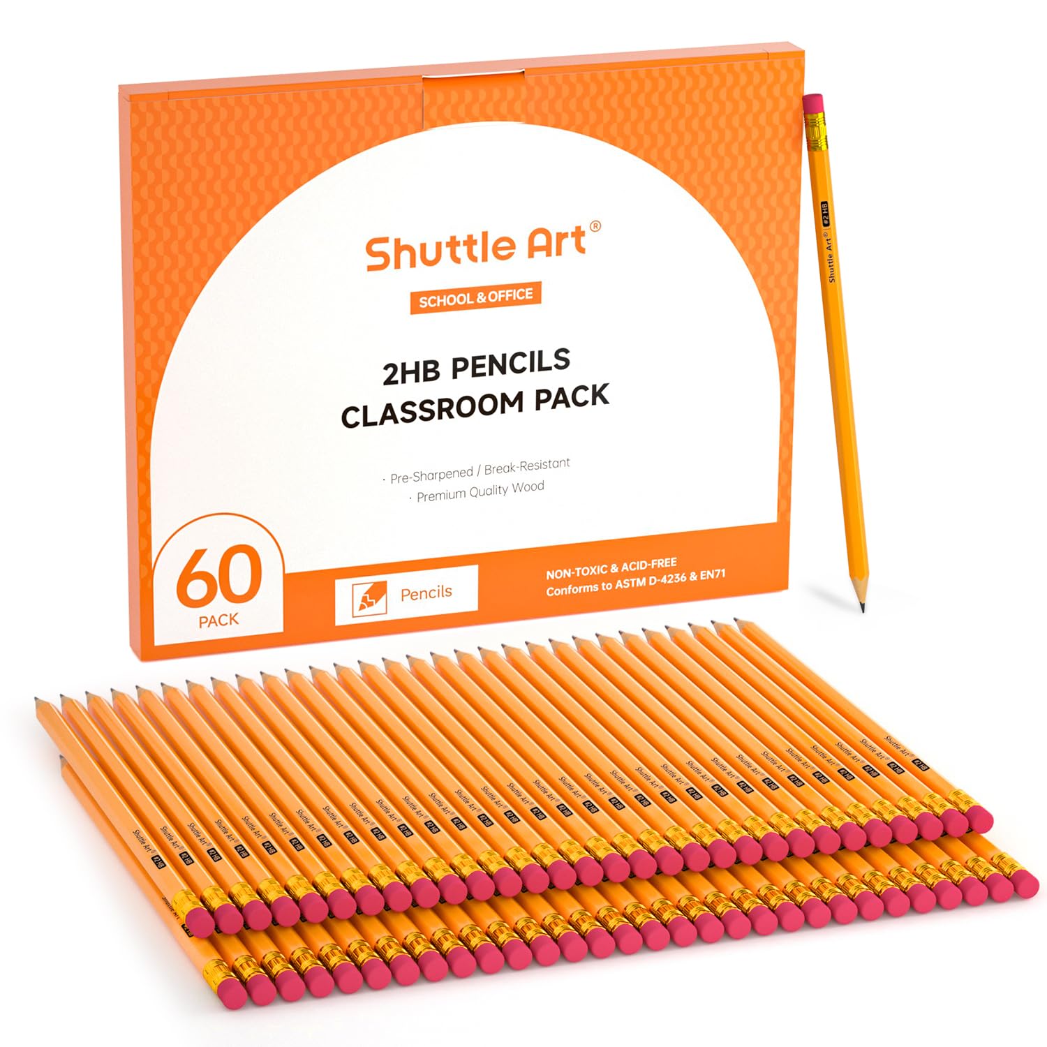 [60 Pack] Shuttle Art Pencils, 2 HB, Pre-sharpened with Top Erasers