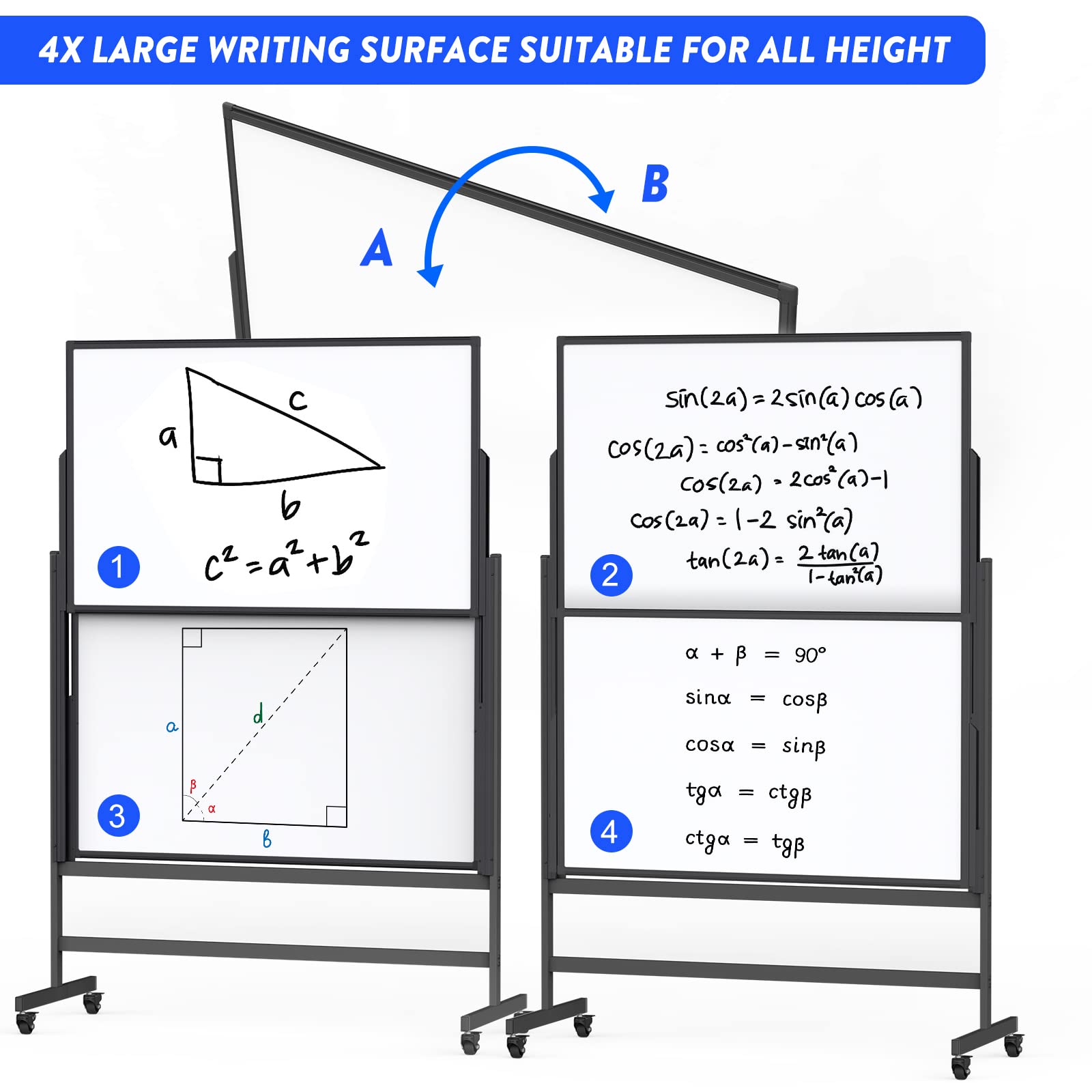 [1 Set] Double Sided Dry Erase Whiteboard, Large Standing Easel, Rolling & Height Adjustable