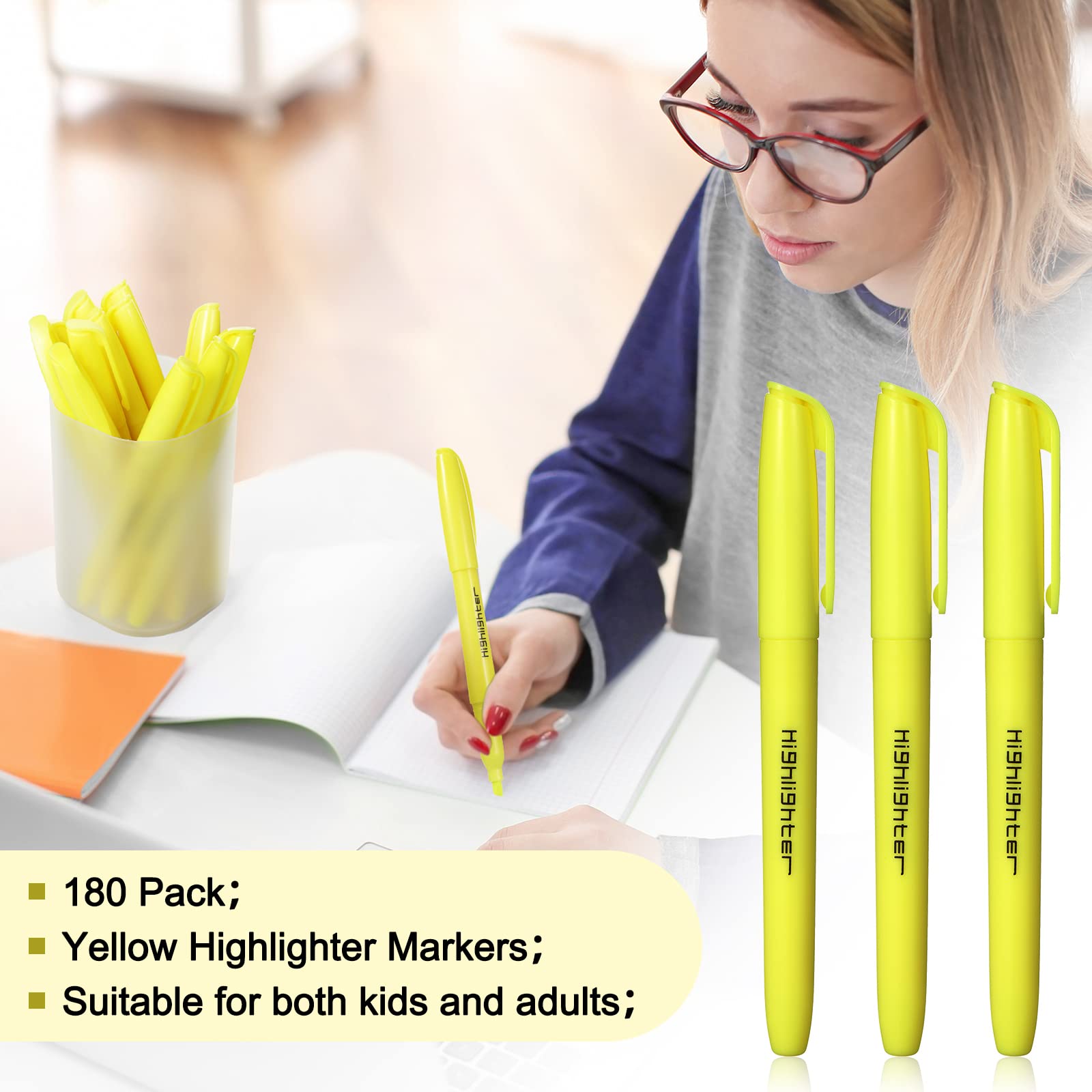 180 Pcs Highlighter Markers Bulk, Chisel Tip (Yellow)