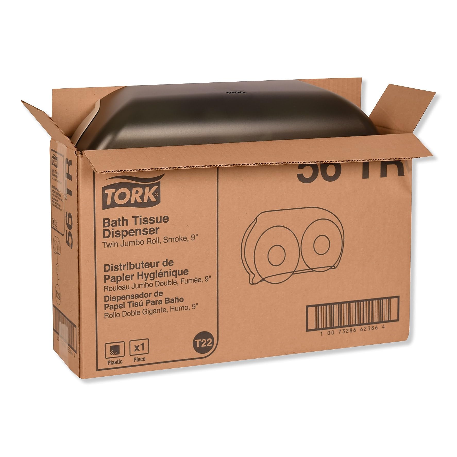 Tork Twin Jumbo Toilet Paper Roll Dispenser Smoke T22, Refill Indicator Window, 56TR
