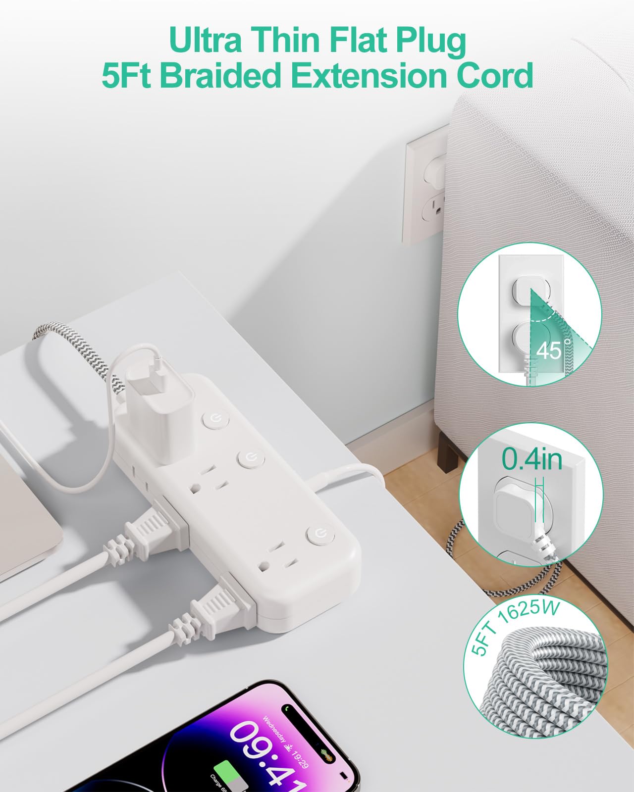 5, 15FT Surge Protector Power Strip with Individual Switches