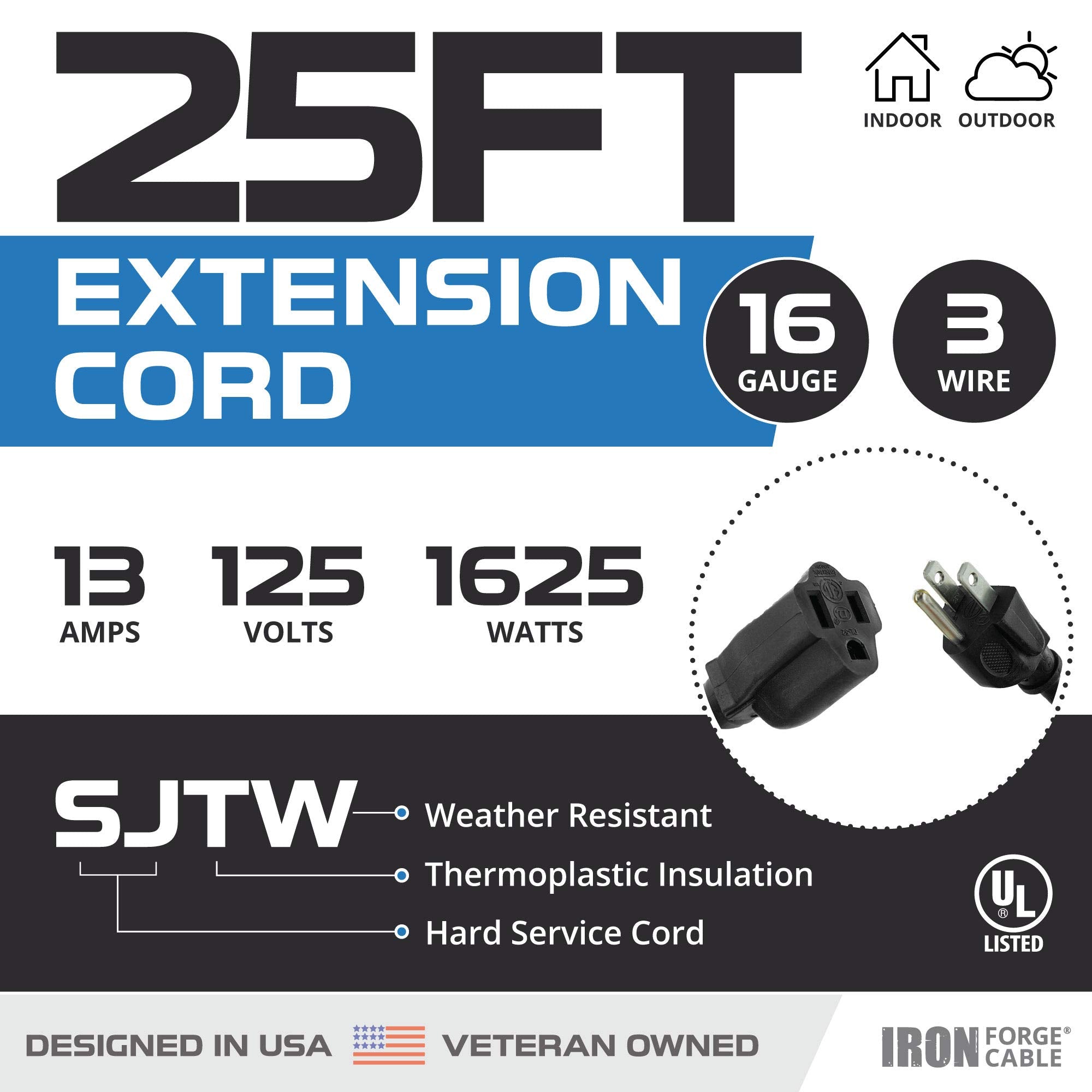 Weatherproof Outdoor Extension Cord, 16/3 SJTW Heavy Duty Black Extension Cord 3 Prong, 13 Amp Exterior Power Cable