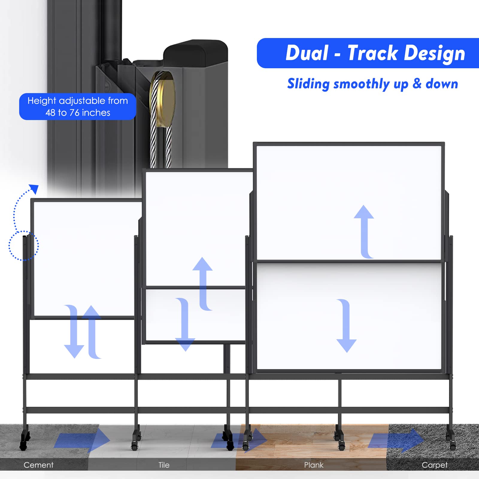 [1 Set] Double Sided Dry Erase Whiteboard, Large Standing Easel, Rolling & Height Adjustable