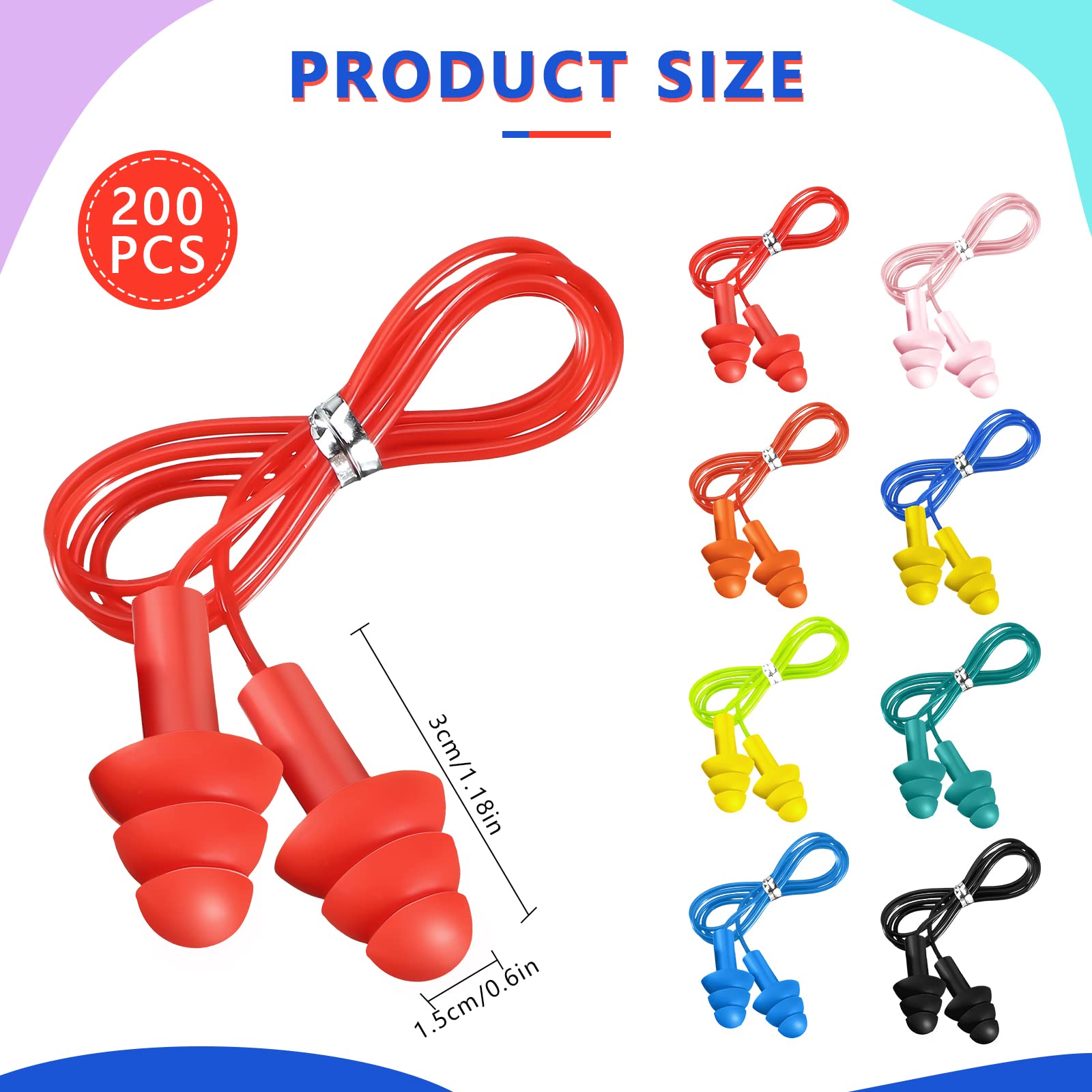 [200 Pairs] Corded Silicone Earplugs for Noise Reduction, Reusable