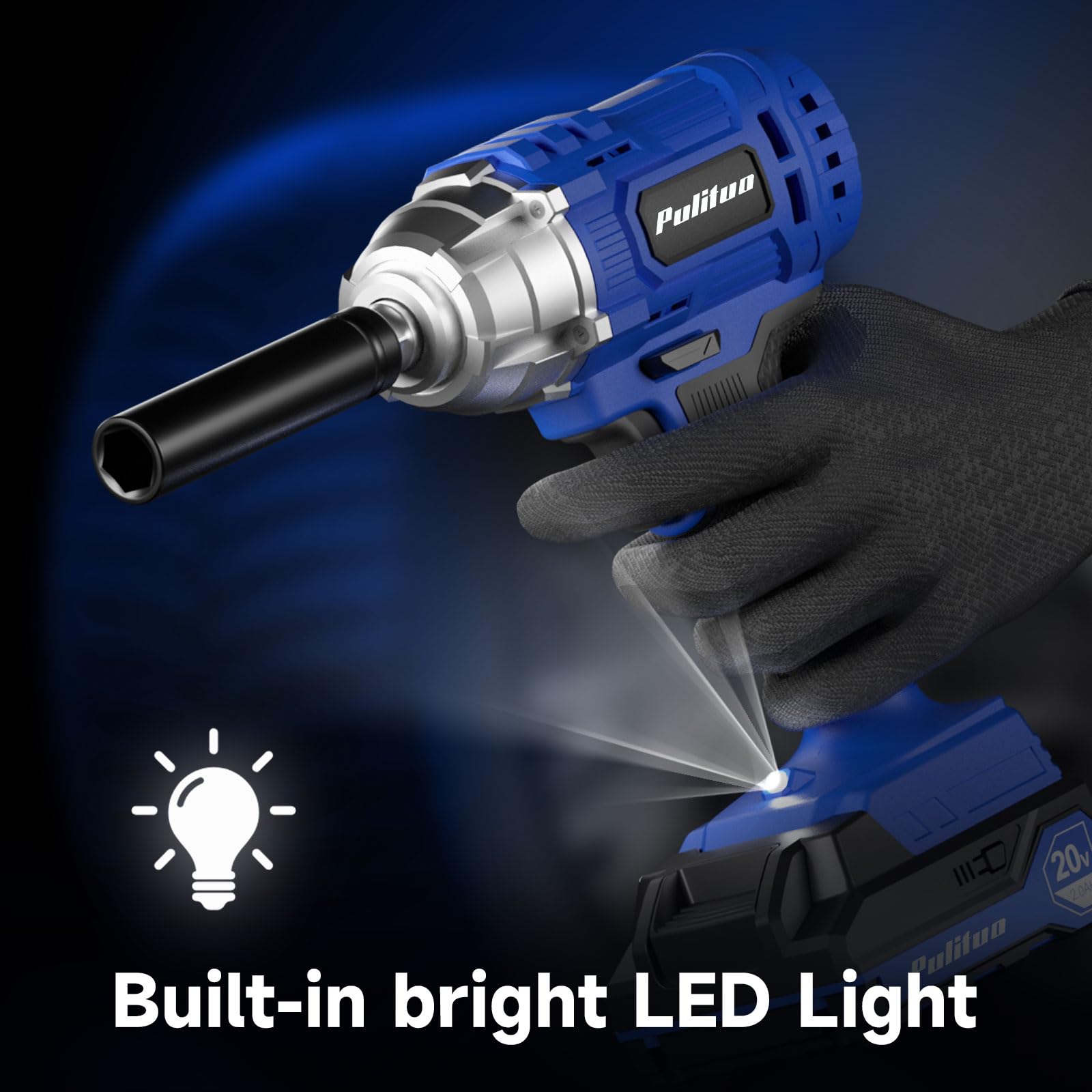 PULITUO Cordless Impact Wrench 1/2 Inch, 20V Electric Power Impact Gun Lightweight Design