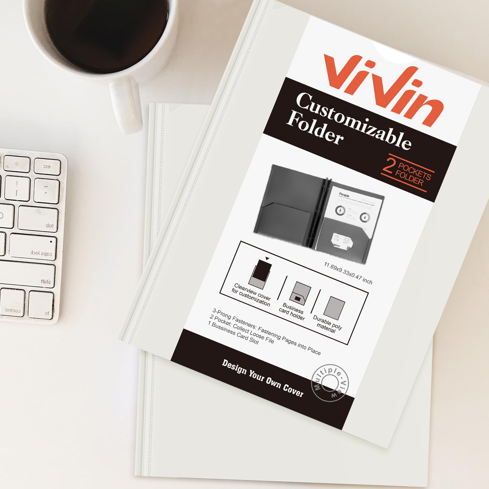 [6 & 60 Pack] ViVin Heavy Duty Folders with Clear Front Pocket, Plastic Folder with fastener