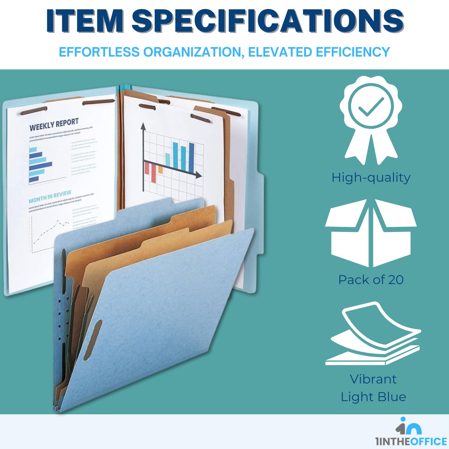 [20 Pack] 2 Divider Classification Folders, 2.5" Expansion, Letter Size, Light Blue