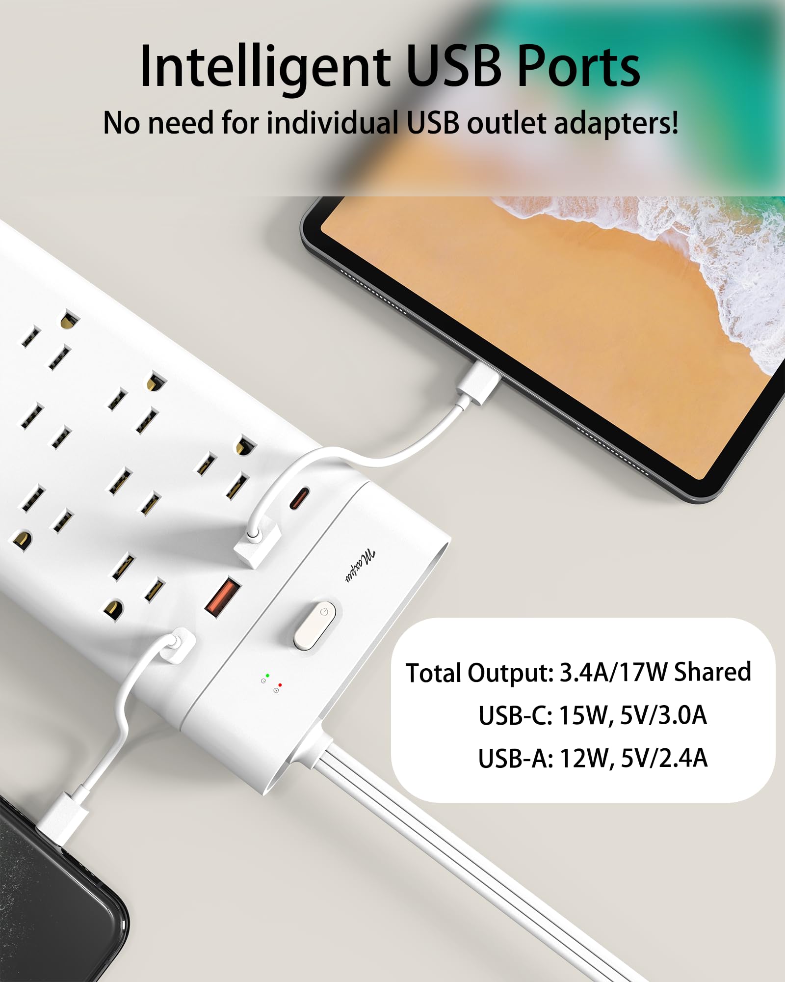 Power Strip Surge Protector Outlet Extender with 14 Outlets and 4 USB Ports (2 USB C), 6 Ft / 10 Ft / 15 Ft