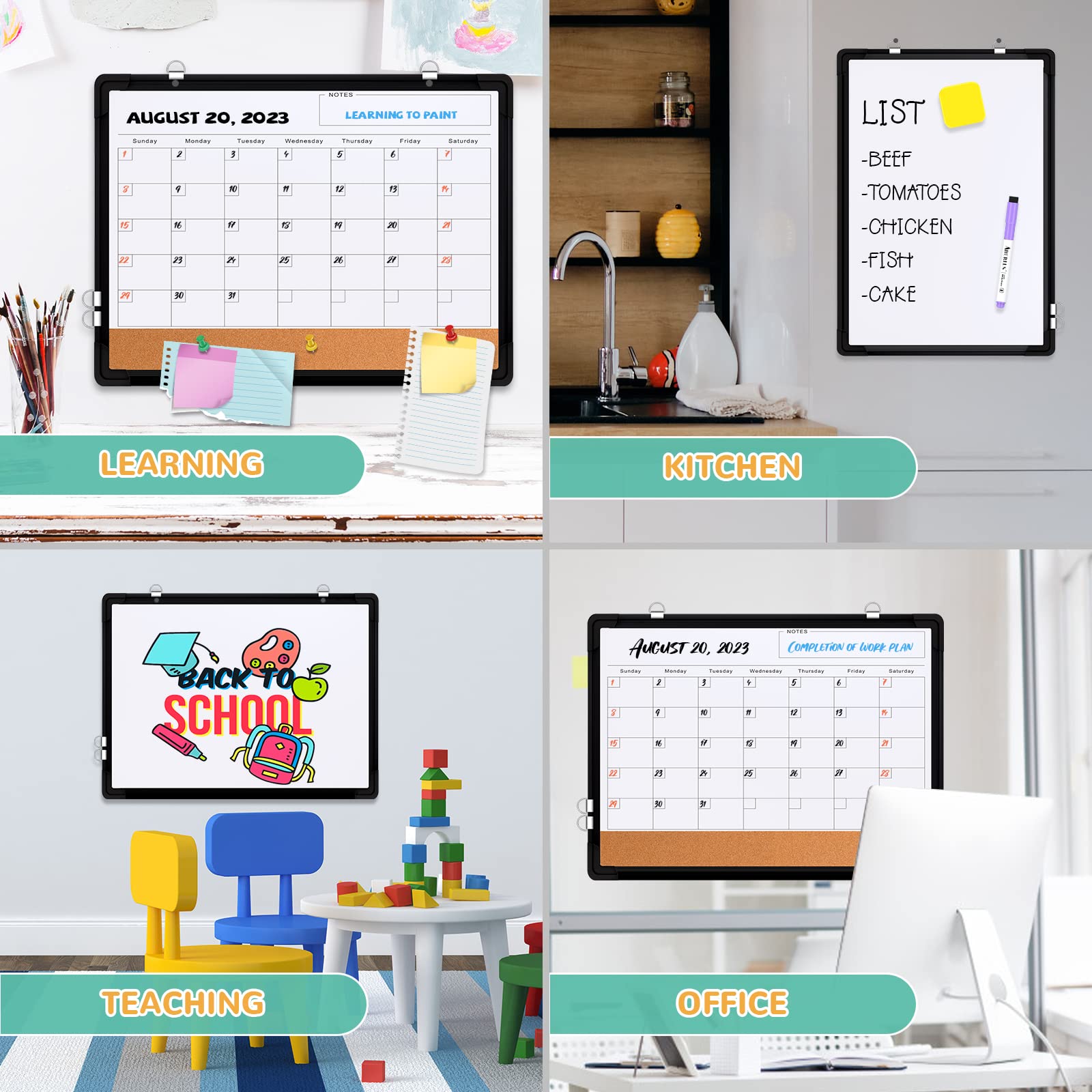 [1 Set] Double-Sided Monthly Calendar Whiteboard with Cork Strip, 17" x 13"