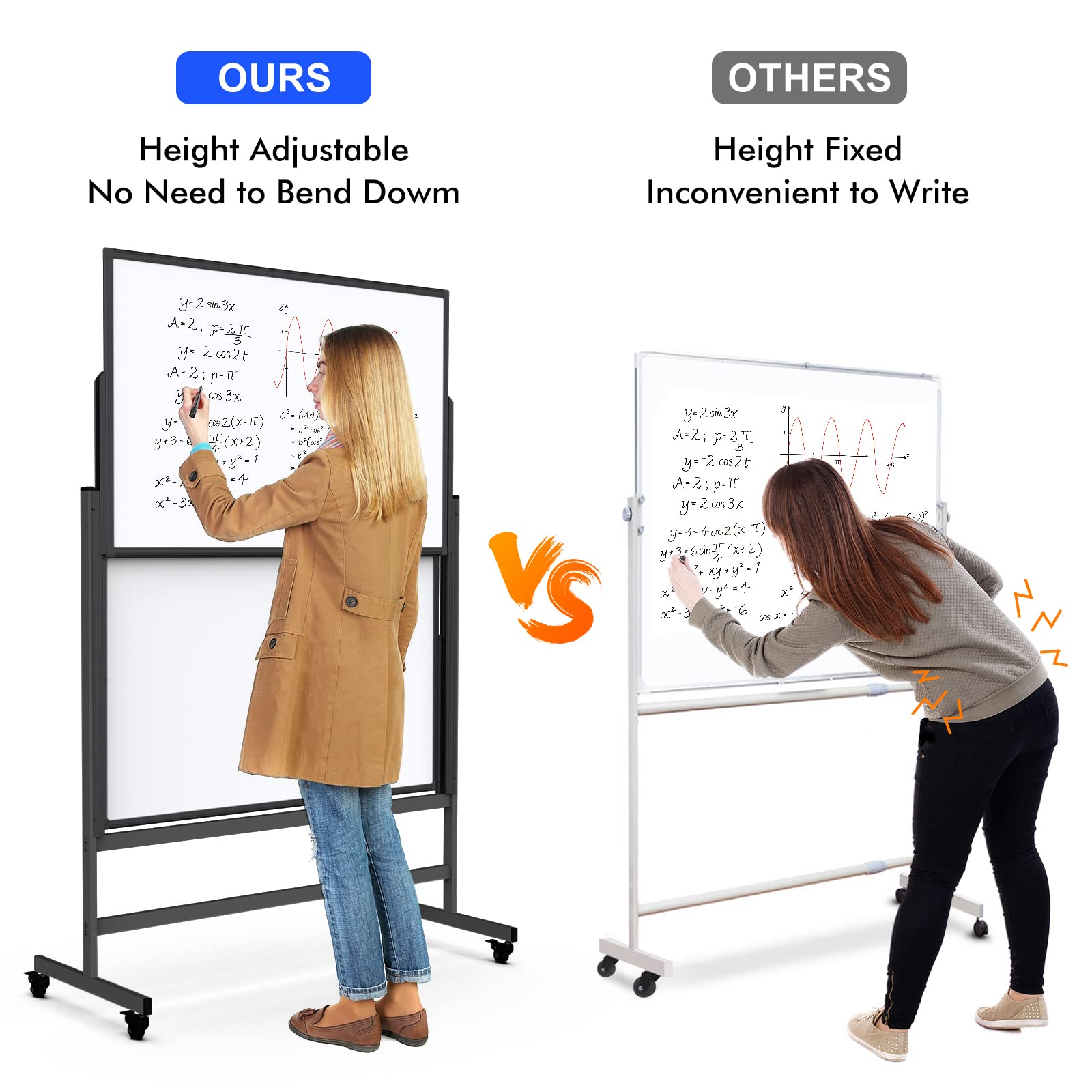 [1 Set] Double Sided Dry Erase Whiteboard, Large Standing Easel, Rolling & Height Adjustable