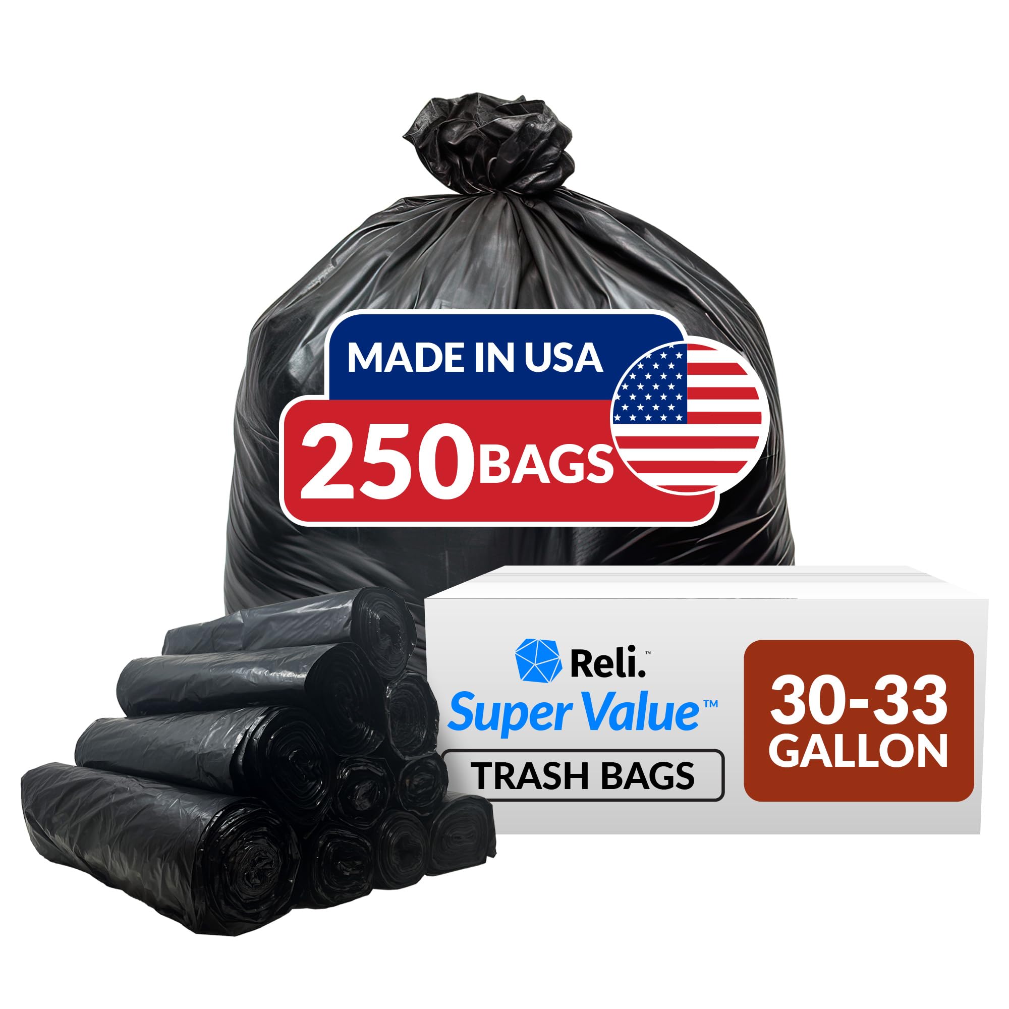 Reli. 30-33 Gallon Trash Bags Heavy Duty | 250 Bags Bulk | Black Large Trash Bags 30+, 32 Gallon | Made in USA
