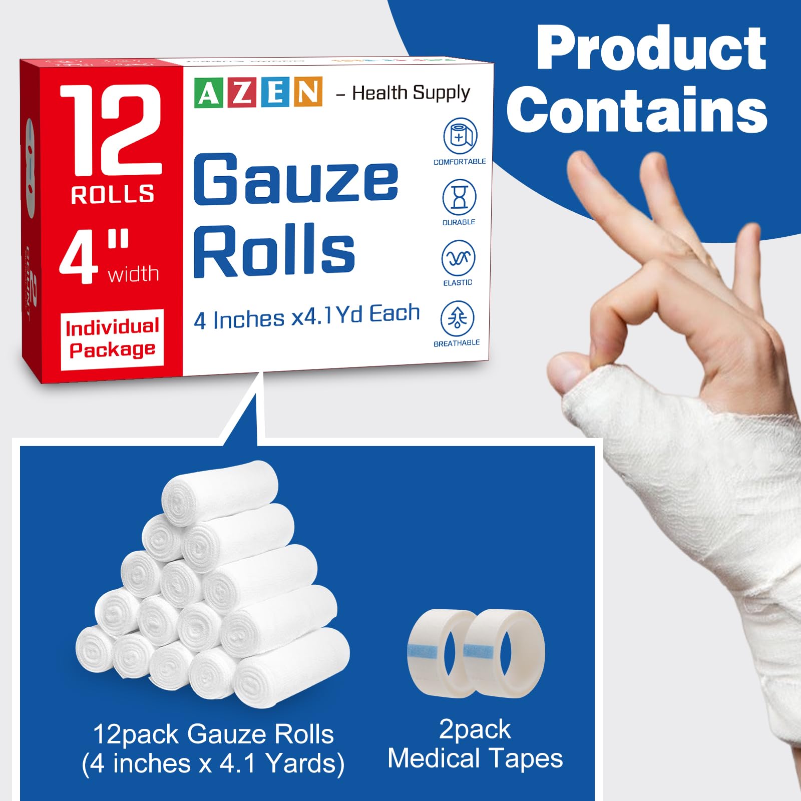 12 /20/30/90 Pack Gauze Rolls Bandages, 4 in x 4.1 Yards, Premium Medical Supplies & First Aid Supplies, Bandage Wrap Vet Wrap, Mummy Wraps