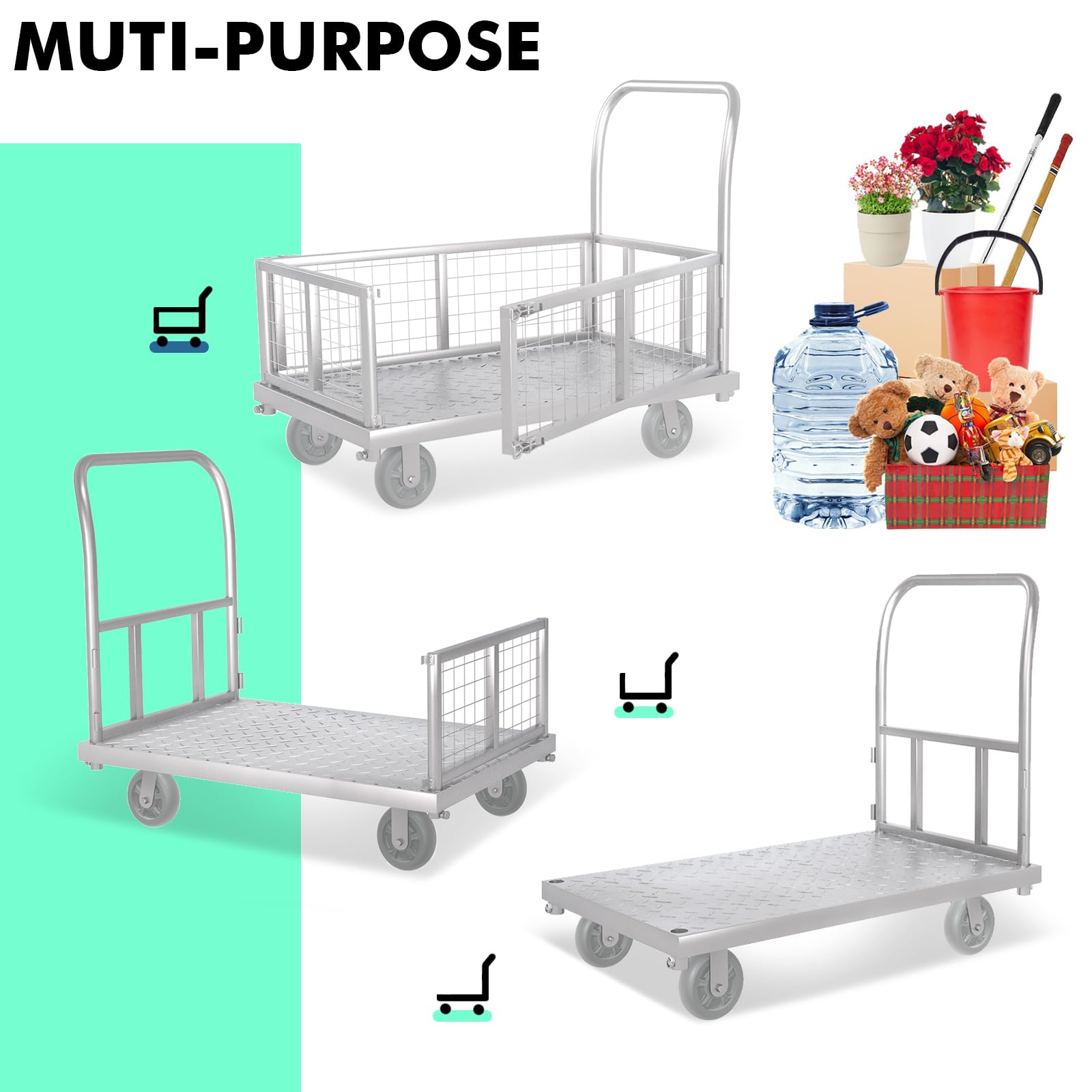Platform Truck Cart with Cage 4-in-1 Push Cart Dolly Load 1800LBS W/Swivel Casters (39" x24")