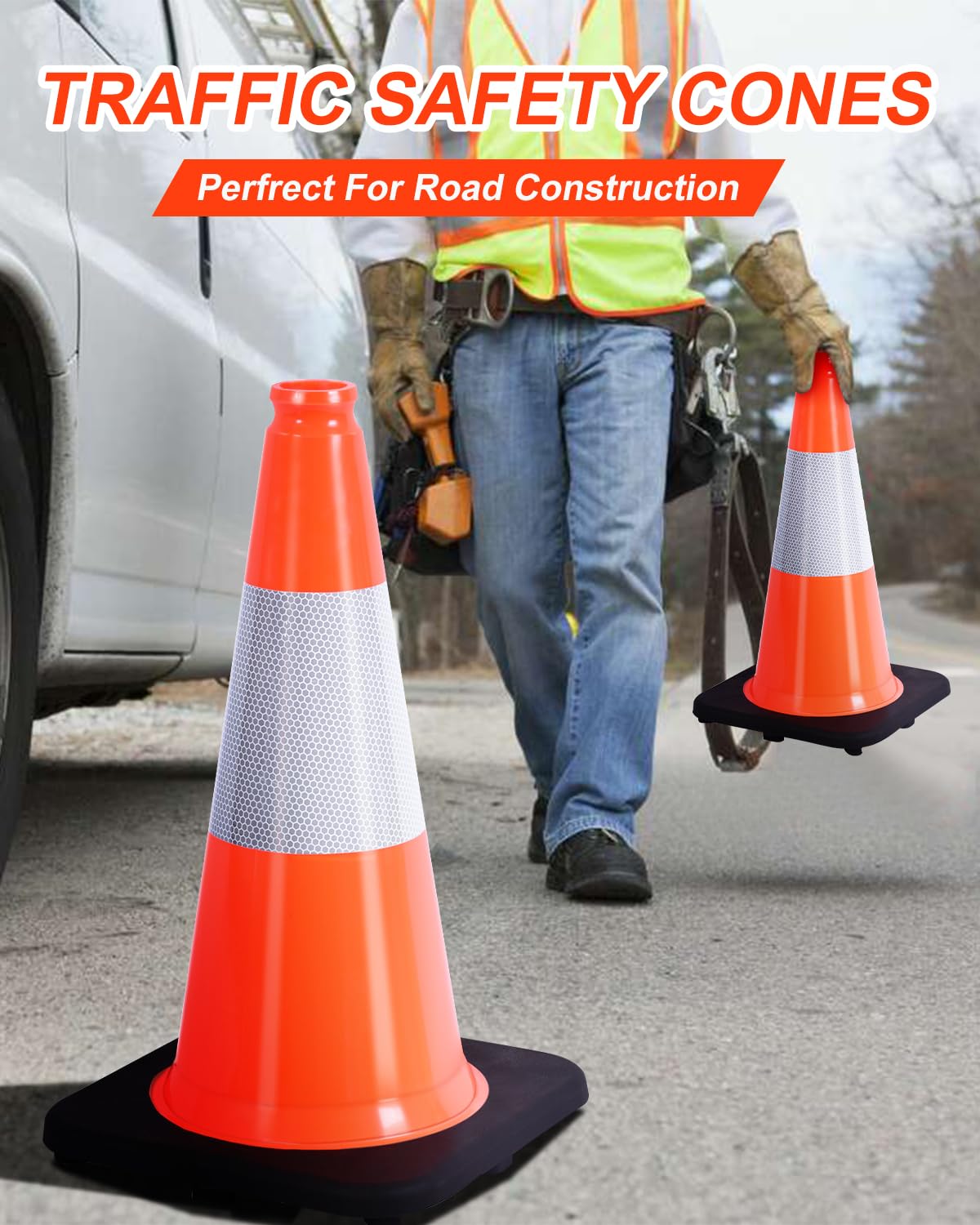 [5 / 8 Packs] PVC Traffic Cones, Black Base Construction Safety Cones