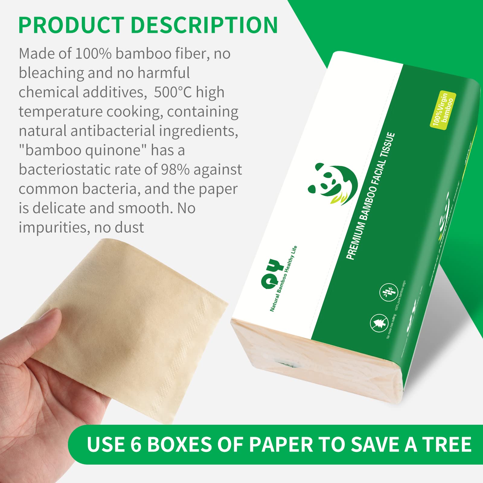 Soft Durable Bamboo Facial Tissues - 3 Ply Natural Unbleached Facial Paper 12 Packs