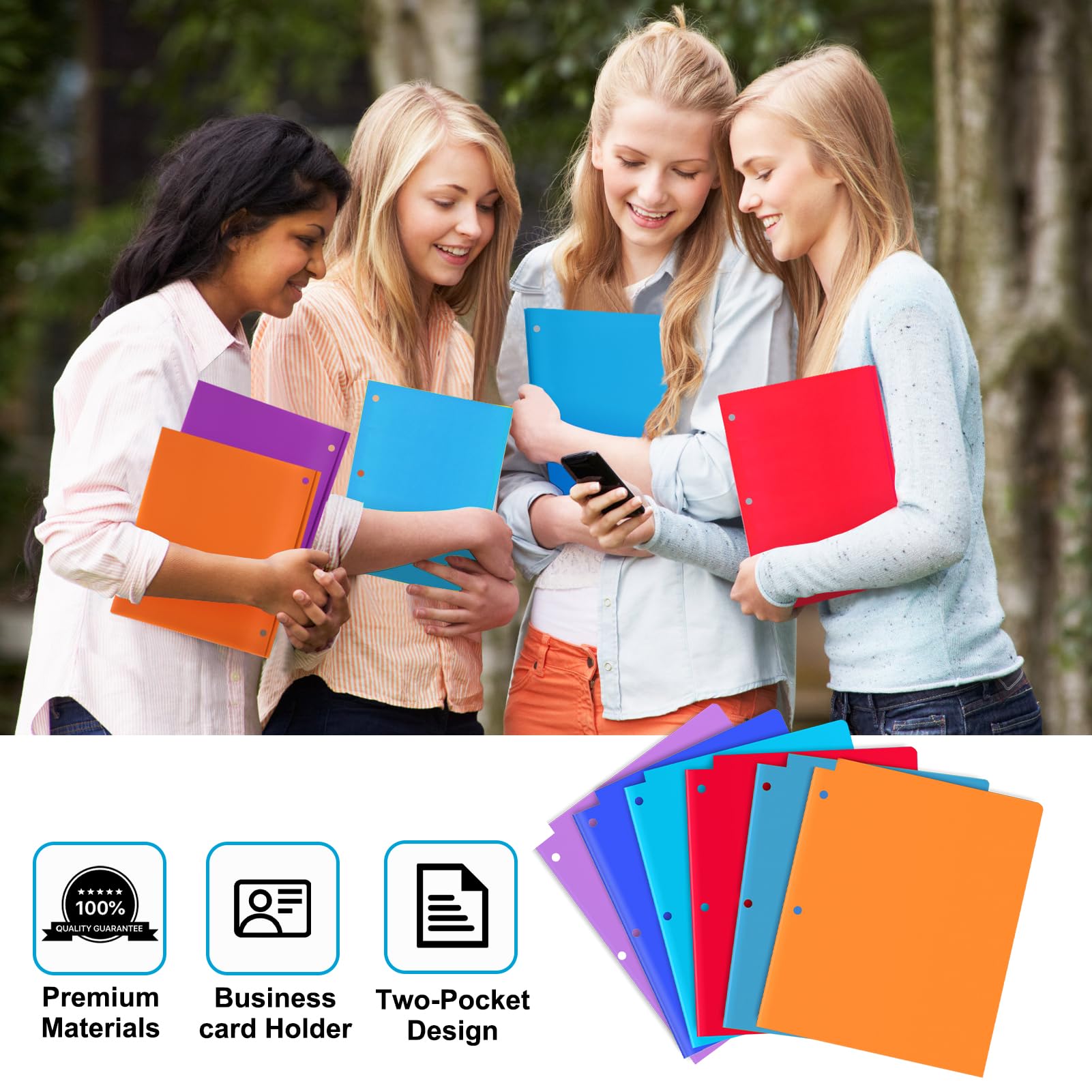 [6 & 12 Pack] Habgp Plastic Folders with Pockets for 3 Hole Punched Binder Folder, 6 Color